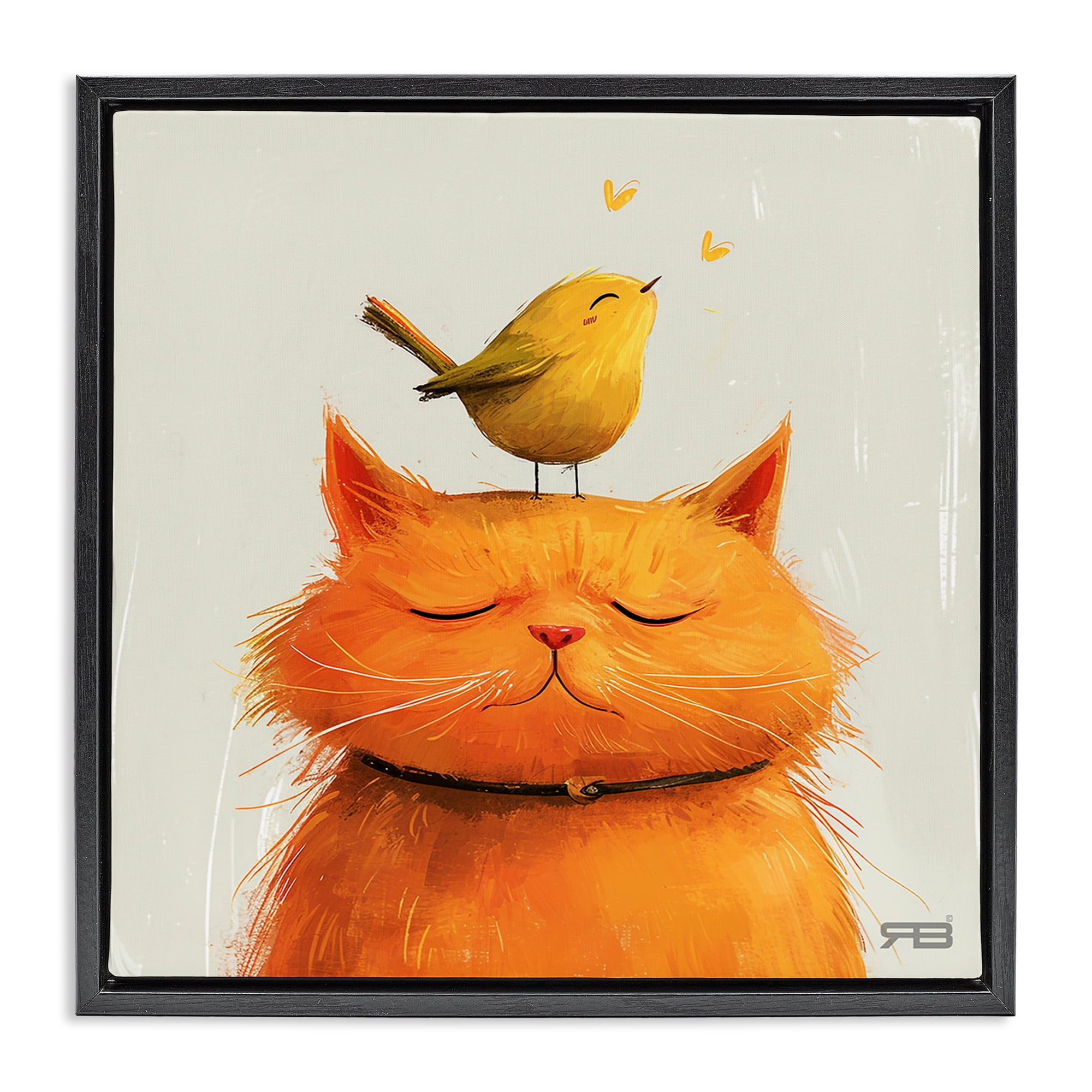 Stupell Industries Bird Perched on Cat Animals Painting Black Floater Framed Canvas Art Print Wall Art, 18 x 18