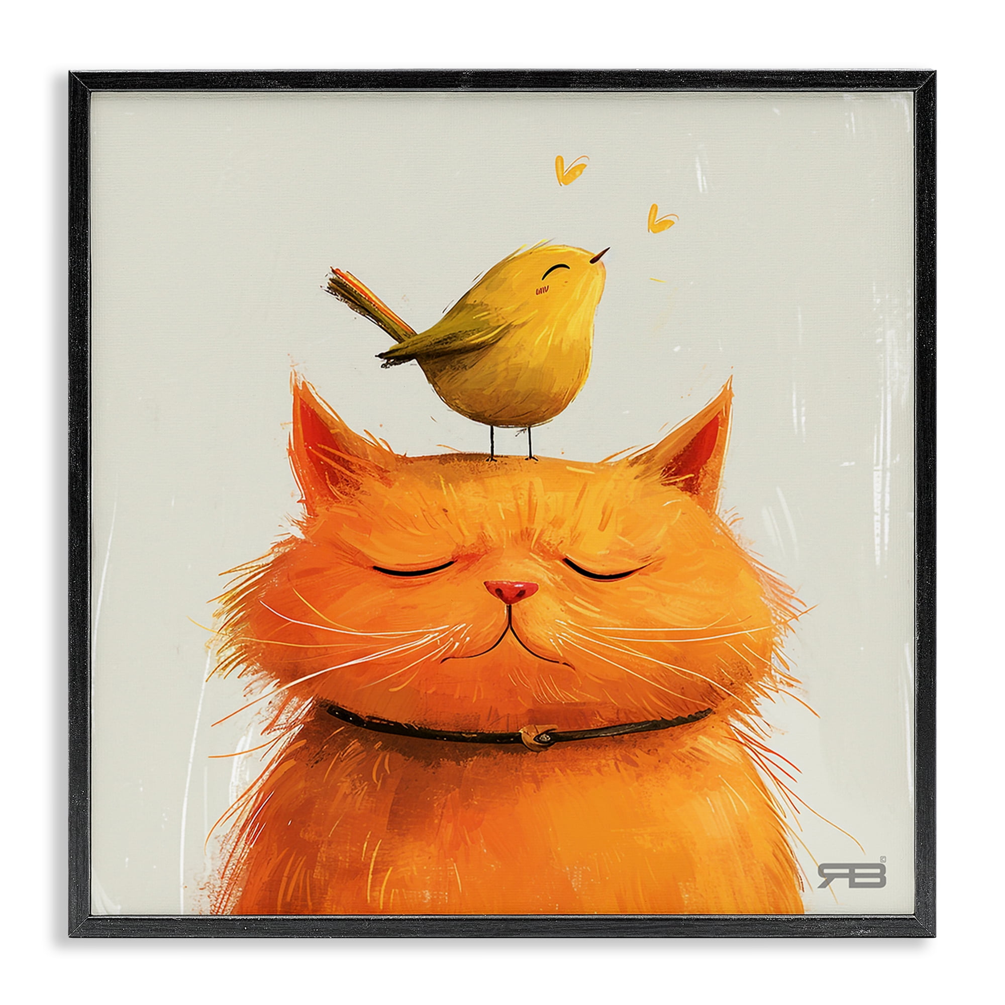 Stupell Industries Bird Perched on Cat Animals Painting Black Framed Art Print Wall Art, 12 x 12