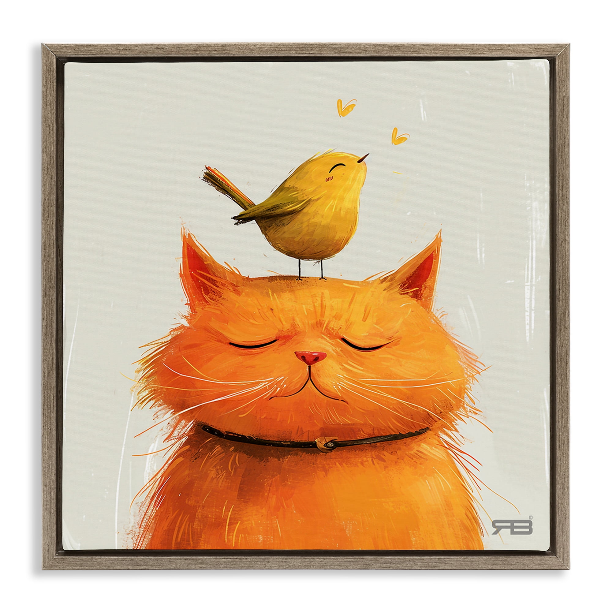 Stupell Industries Bird Perched on Cat Animals Painting Brown Floater Framed Canvas Art Print Wall Art, 25 x 25