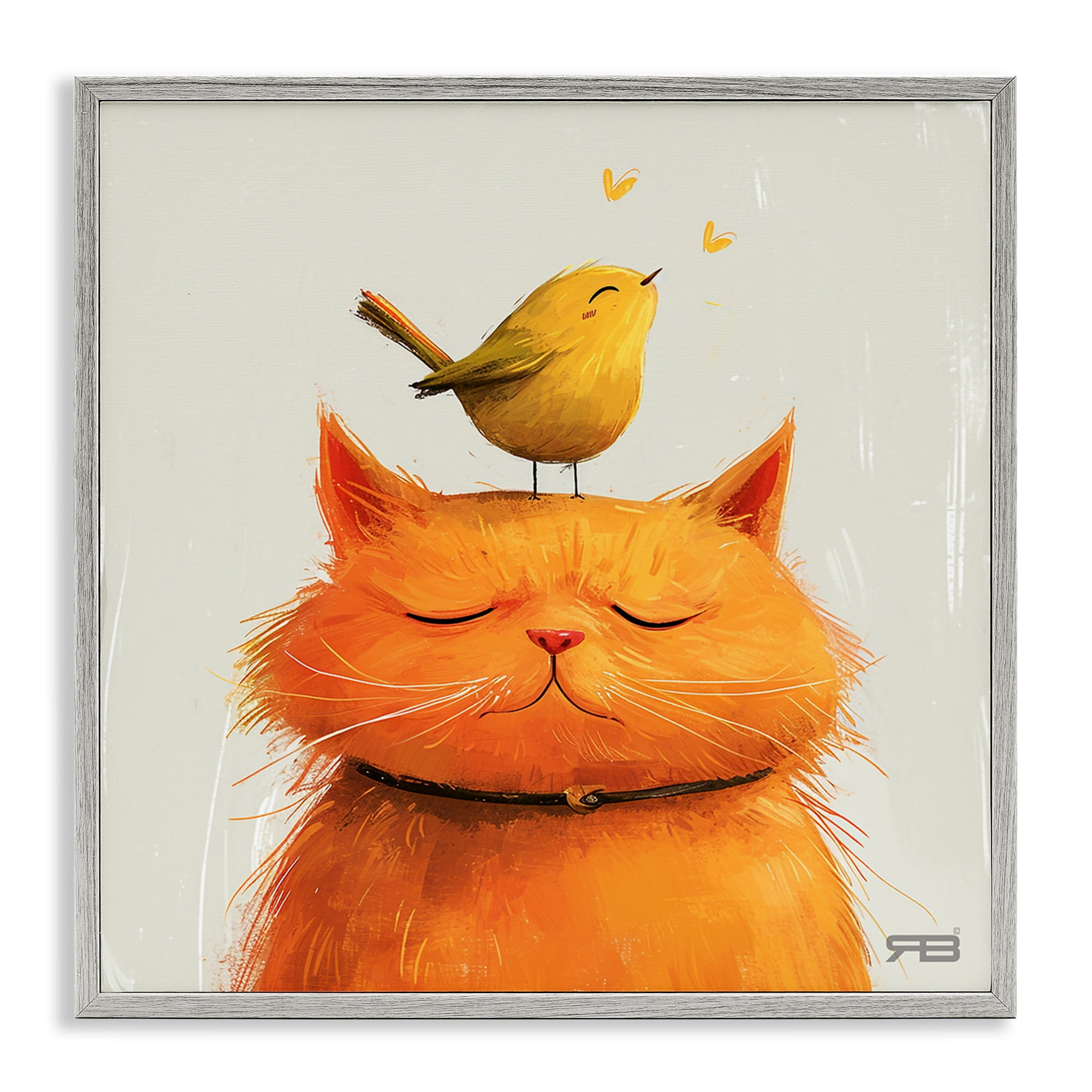 Stupell Industries Bird Perched on Cat Animals Painting Gray Framed Art Print Wall Art, 12 x 12