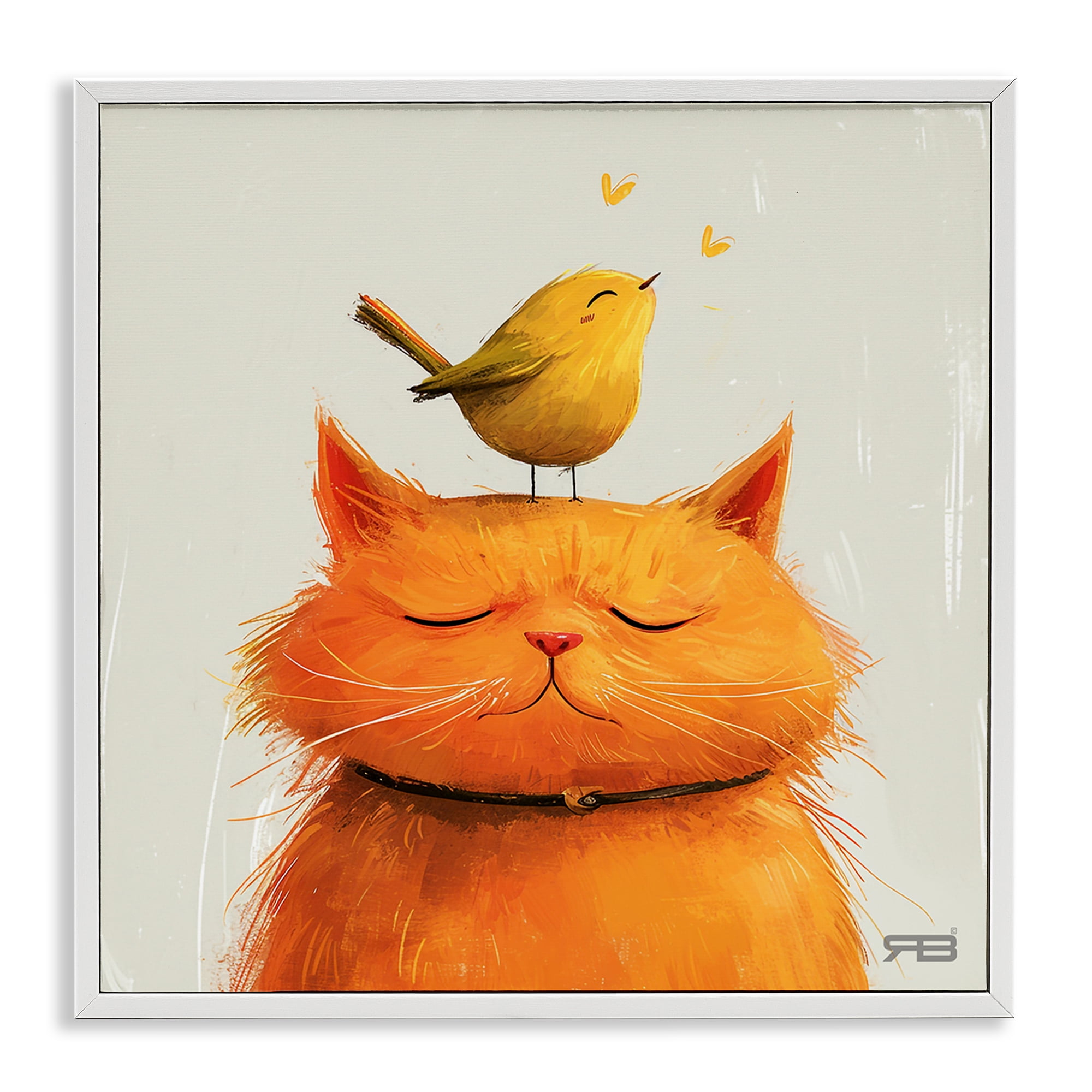 Stupell Industries Bird Perched on Cat Animals Painting White Framed Art Print Wall Art, 17 x 17