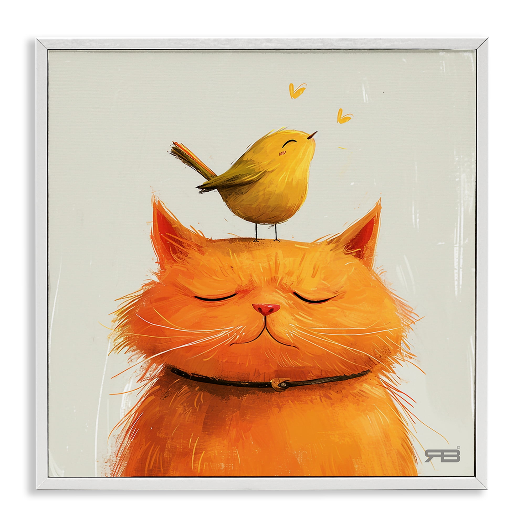 Stupell Industries Bird Perched on Cat Animals Painting White Framed Art Print Wall Art, 24 x 24