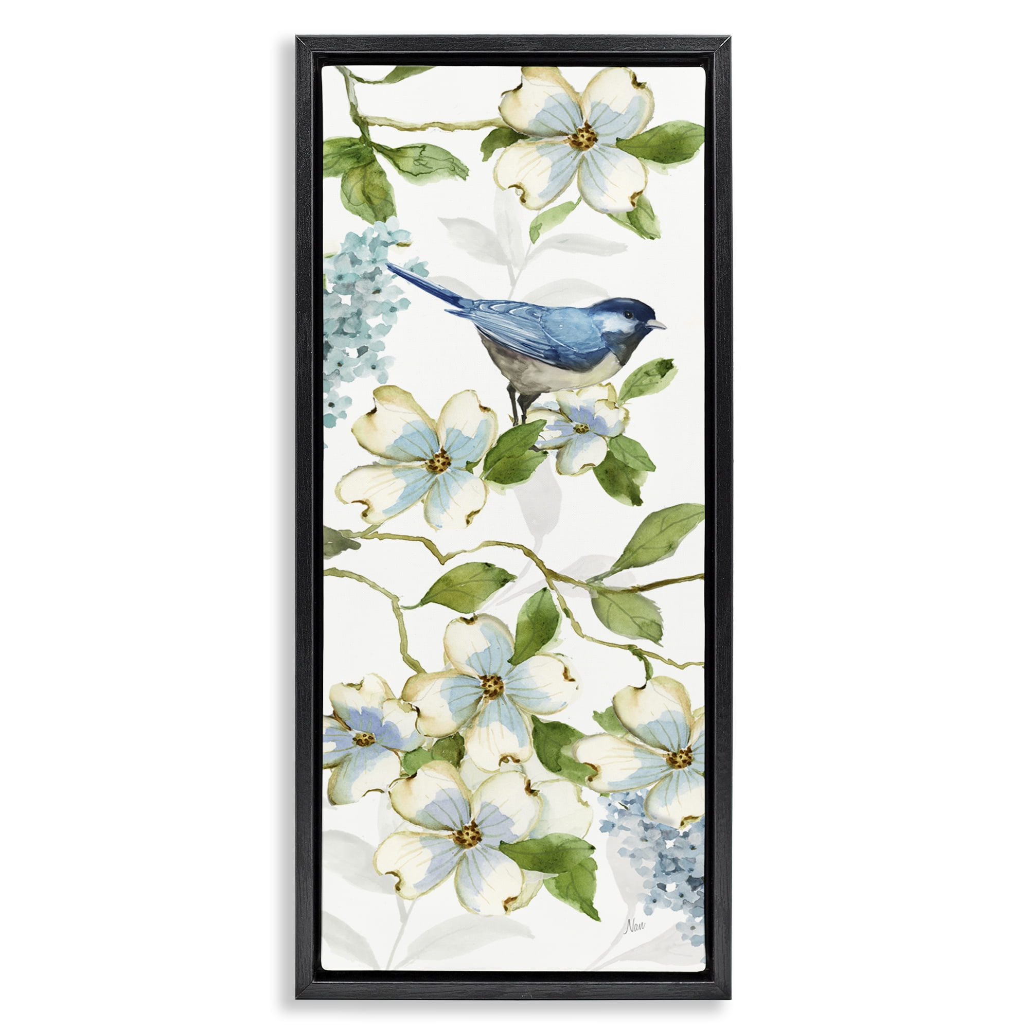Stupell Industries Bird Perched on Dogwood Plants & Flowers Painting Black Floater Framed Canvas Art Print Wall Art, 11 x 25