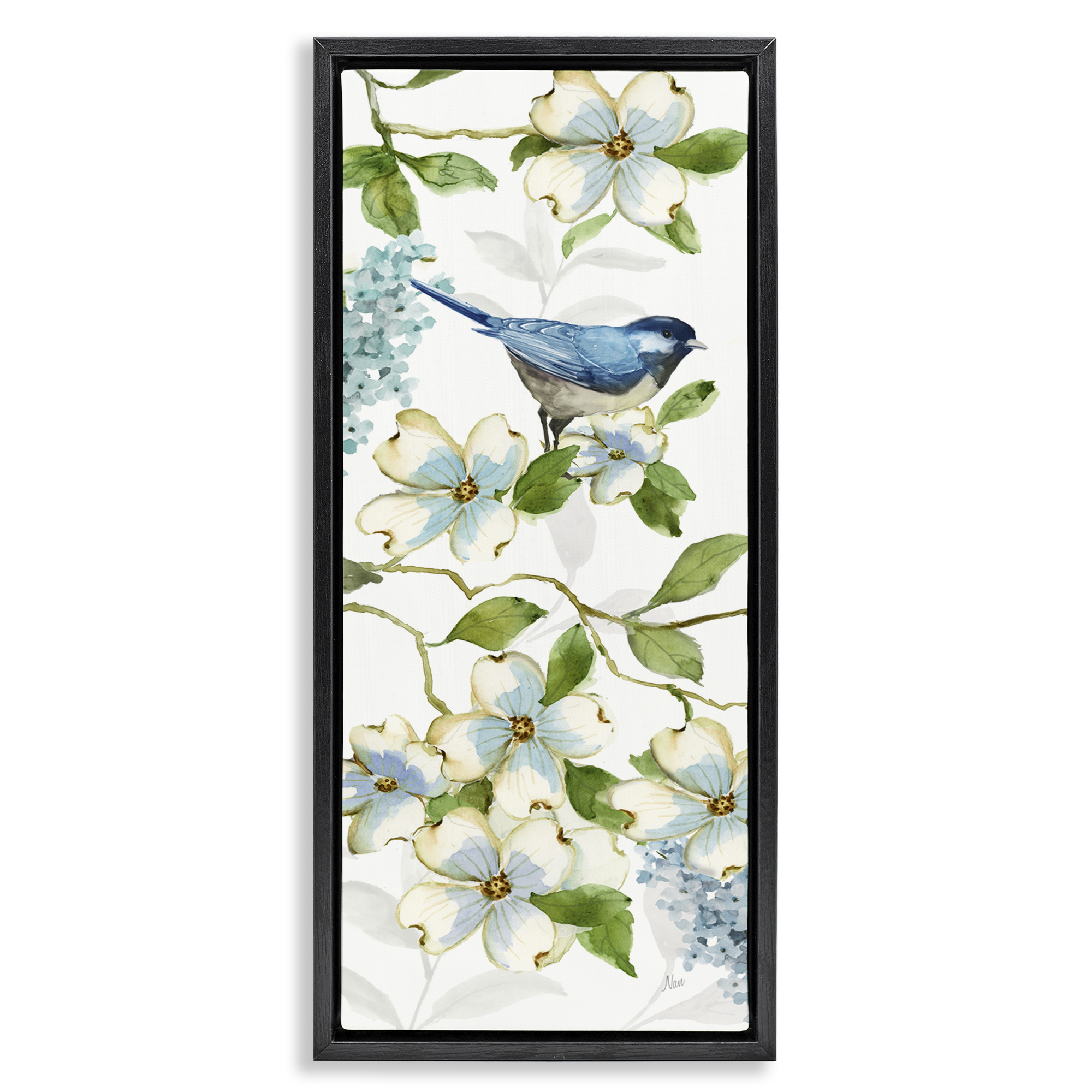 Stupell Industries Bird Perched on Dogwood Plants & Flowers Painting Black Floater Framed Canvas Art Print Wall Art, 14 x 31