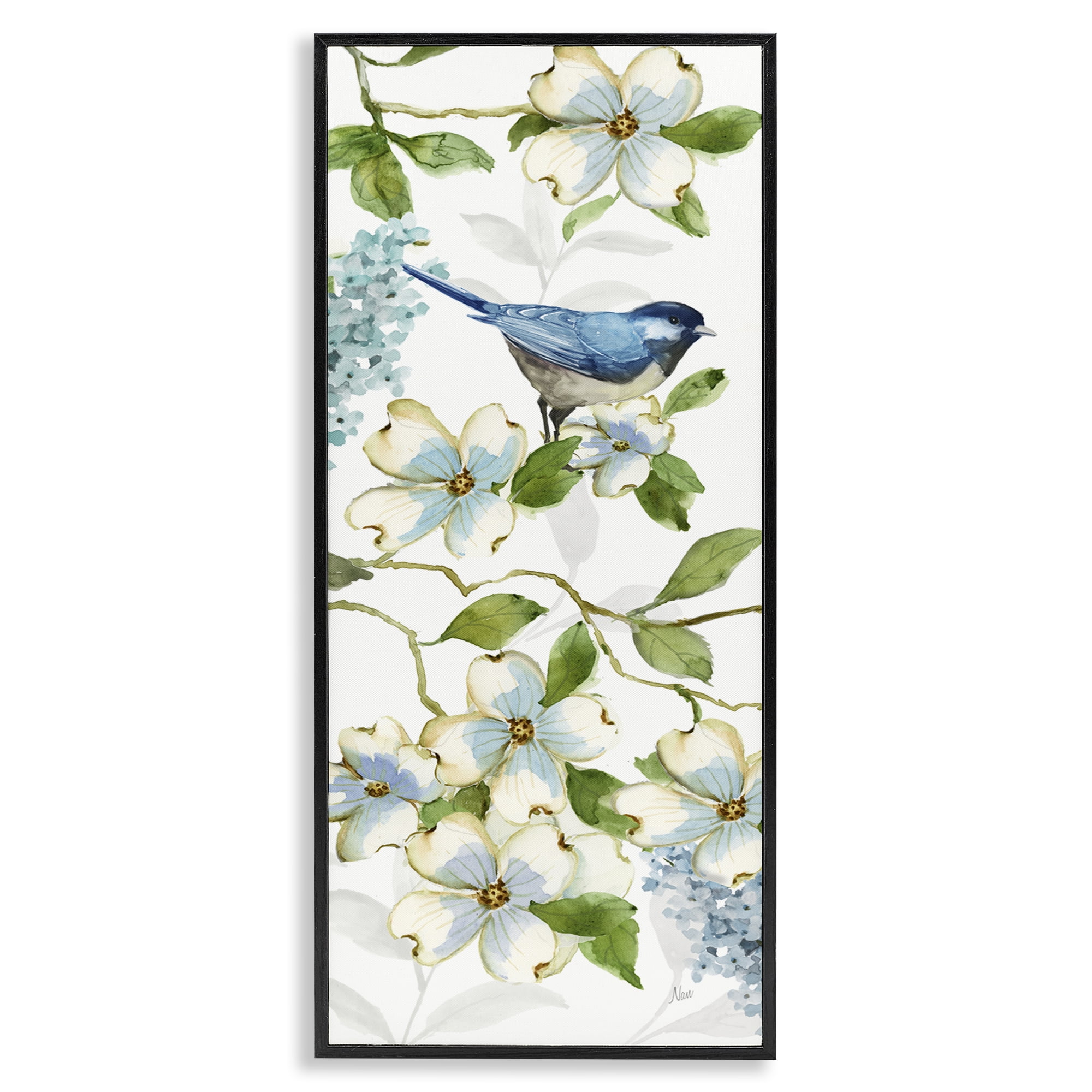 Stupell Industries Bird Perched on Dogwood Plants & Flowers Painting Black Framed Art Print Wall Art, 10 x 24