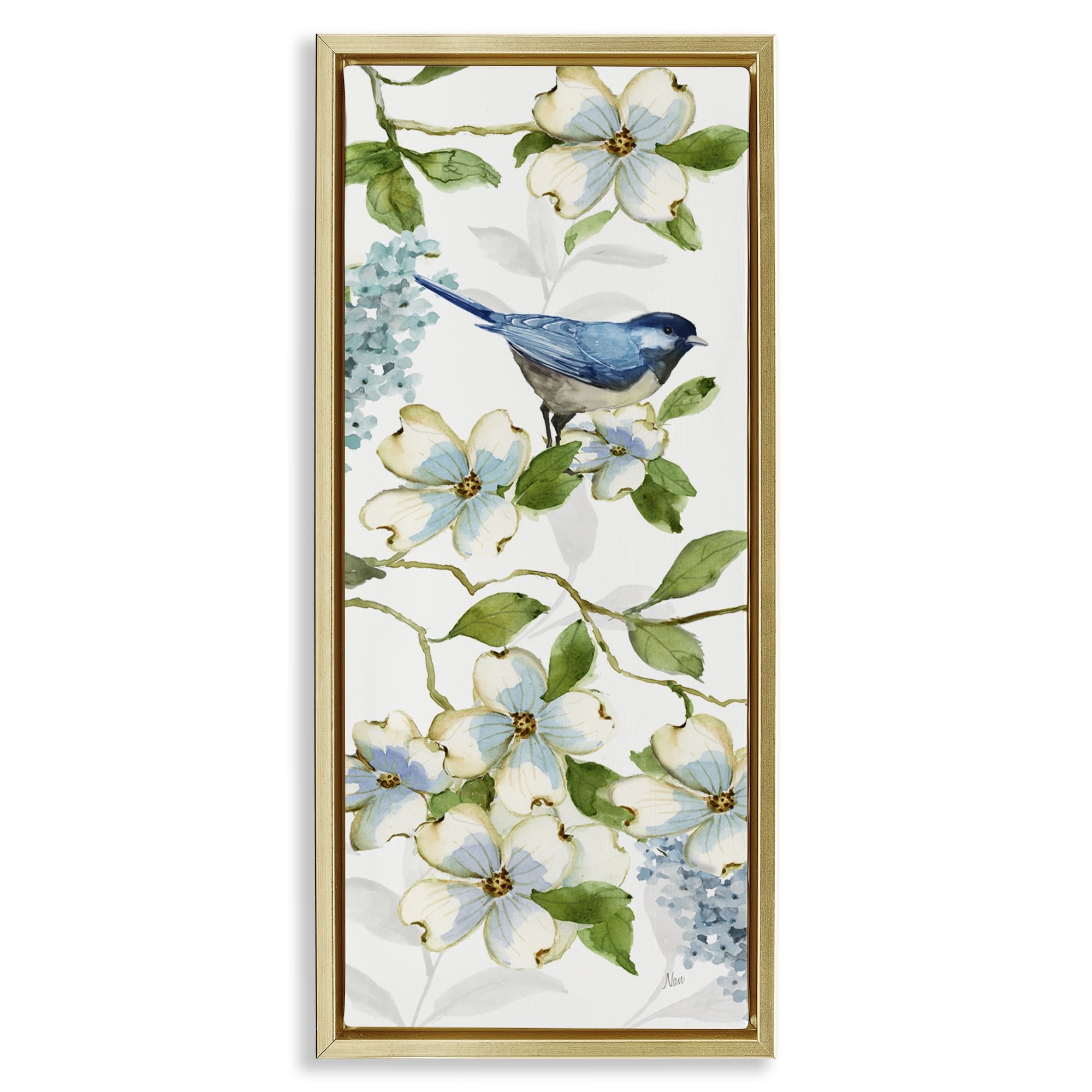 Stupell Industries Bird Perched on Dogwood Plants & Flowers Painting Gold Floater Framed Canvas Art Print Wall Art, 14 x 31