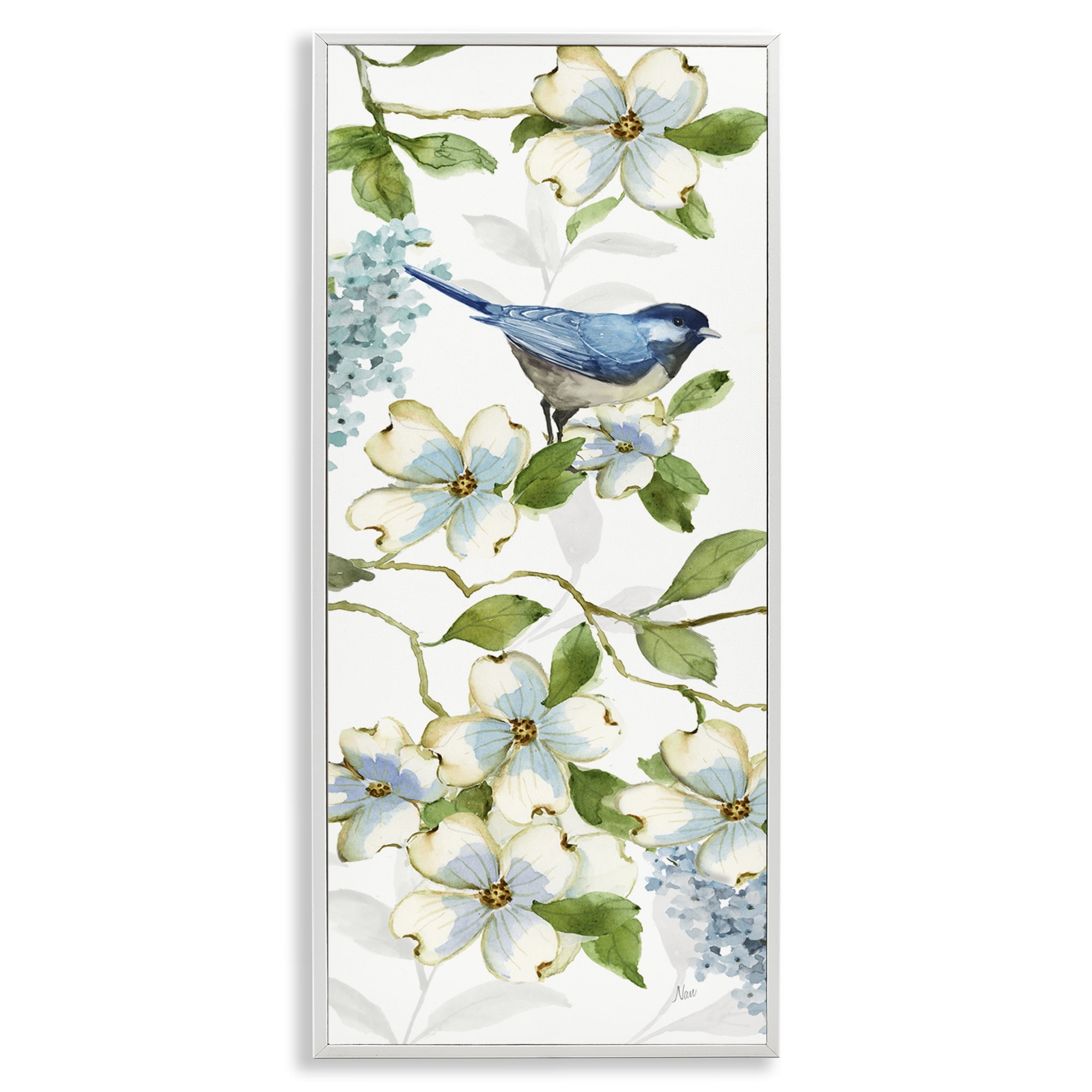 Stupell Industries Bird Perched on Dogwood Plants & Flowers Painting White Framed Art Print Wall Art, 13 x 30