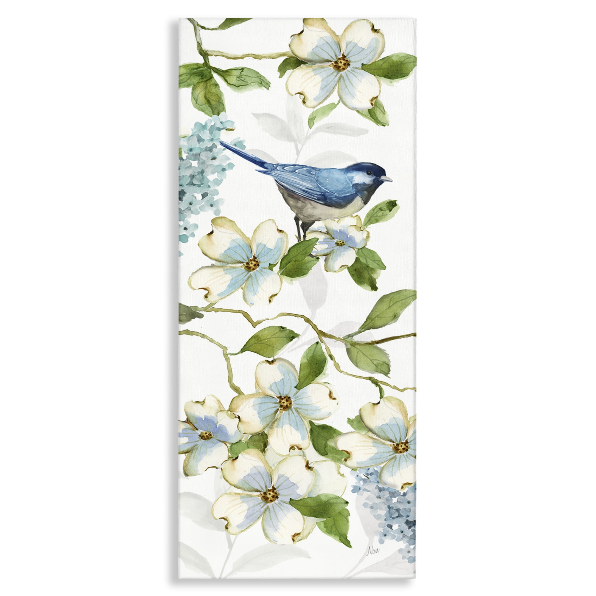 Stupell Industries Bird Perched on Dogwood Plants & Flowers Painting Wrapped Canvas Art Print Wall Art, 20 x 48