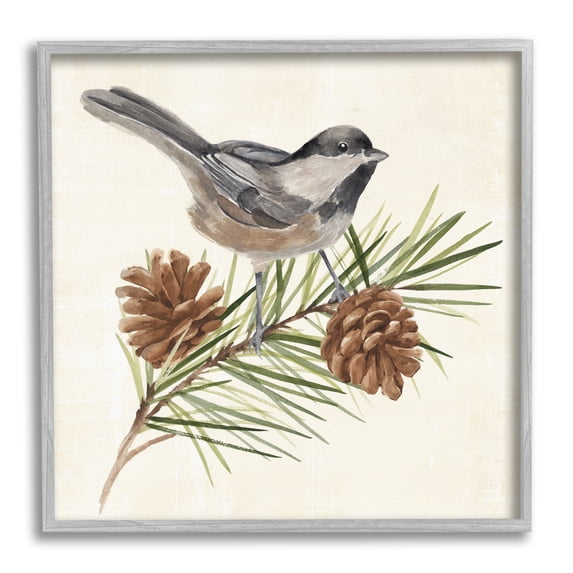 Stupell Industries Bird Perched on Pine Animals & Insects Painting Gray Framed Art Print Wall Art, 24 x 24