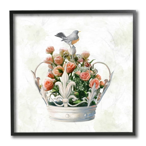 Stupell Industries Bird Perched on Regal Crown Floral Rose Bouquet Black Framed by Ziwei Li