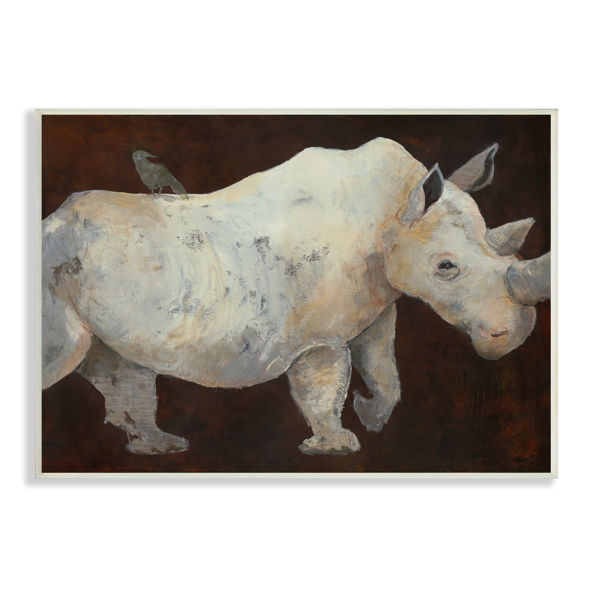 Stupell Industries Bird Perched on Rhino Contemporary Portrait Painting Wood Wall Art, 19 x 13, Design by Roberta Dyer