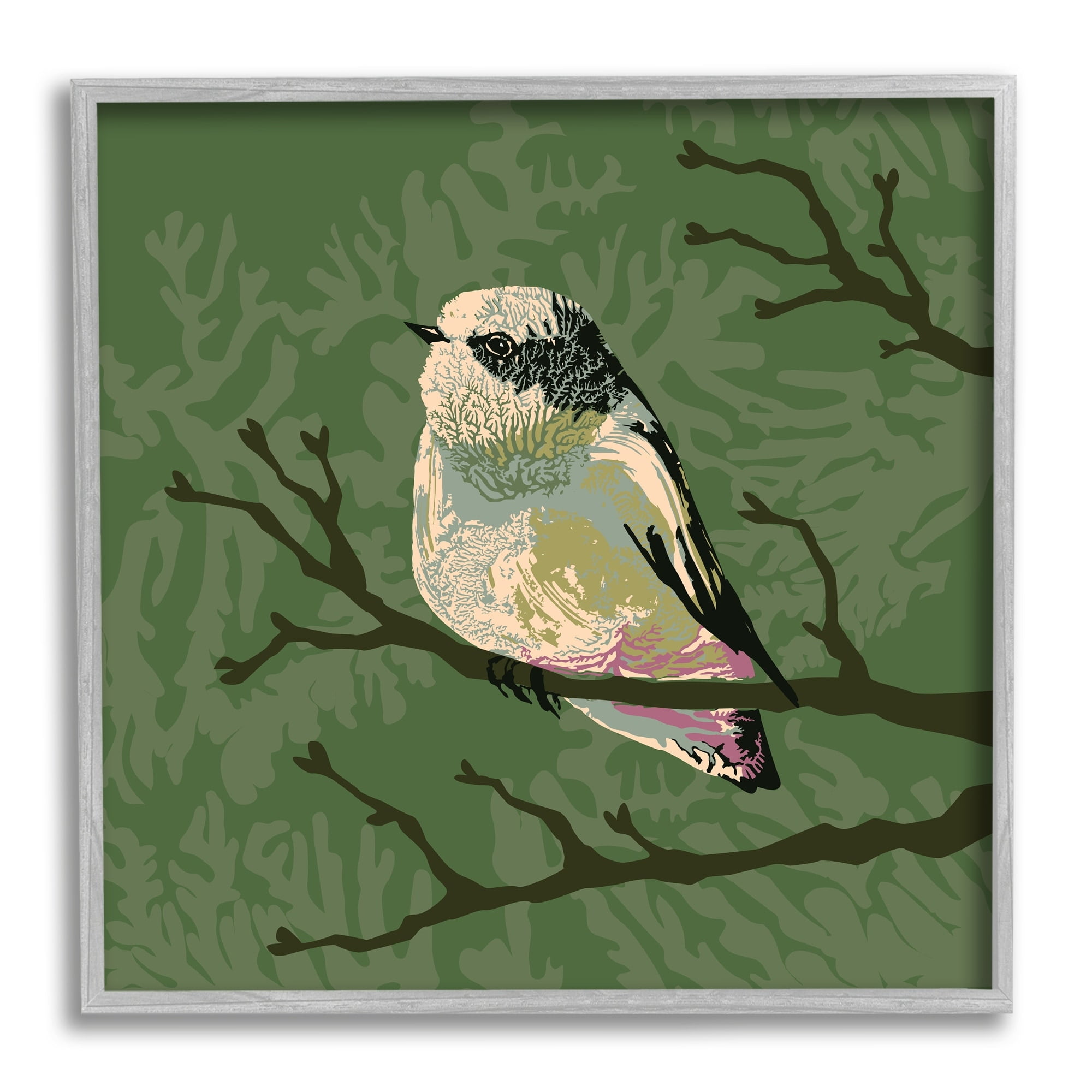 Stupell Industries Bird Perched on Tree Branch Wildlife Animal Portrait Graphic Art Gray Framed Art Print Wall Art, Design by Verbrugge Watercolor