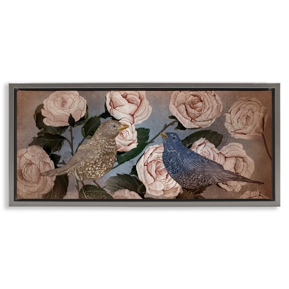 Stupell Industries Bird Sanctuary Budding Roses Gray Framed Floater Canvas Wall Art design by Lori Mosley, 14 x 31