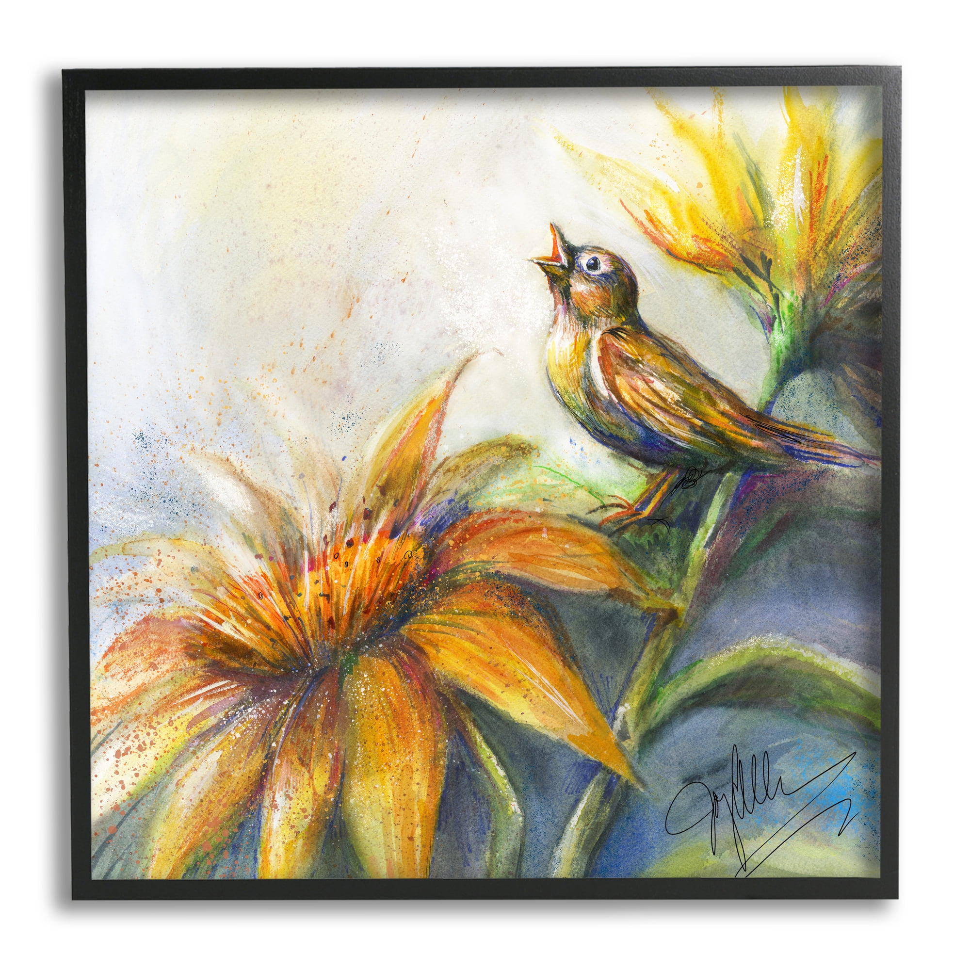 Stupell Industries Bird Singing Yellow Flowers Botanical & Floral Painting Black Framed Art Print Wall Art, 24 x 24