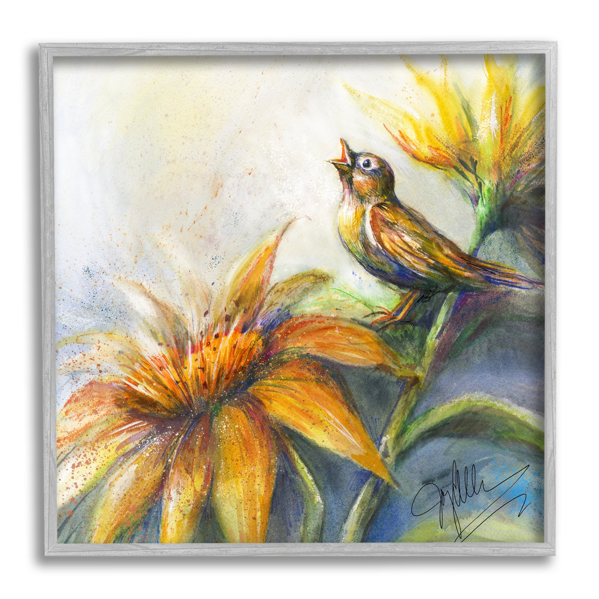 Stupell Industries Bird Singing Yellow Flowers Botanical & Floral Painting Gray Framed Art Print Wall Art, 24 x 24