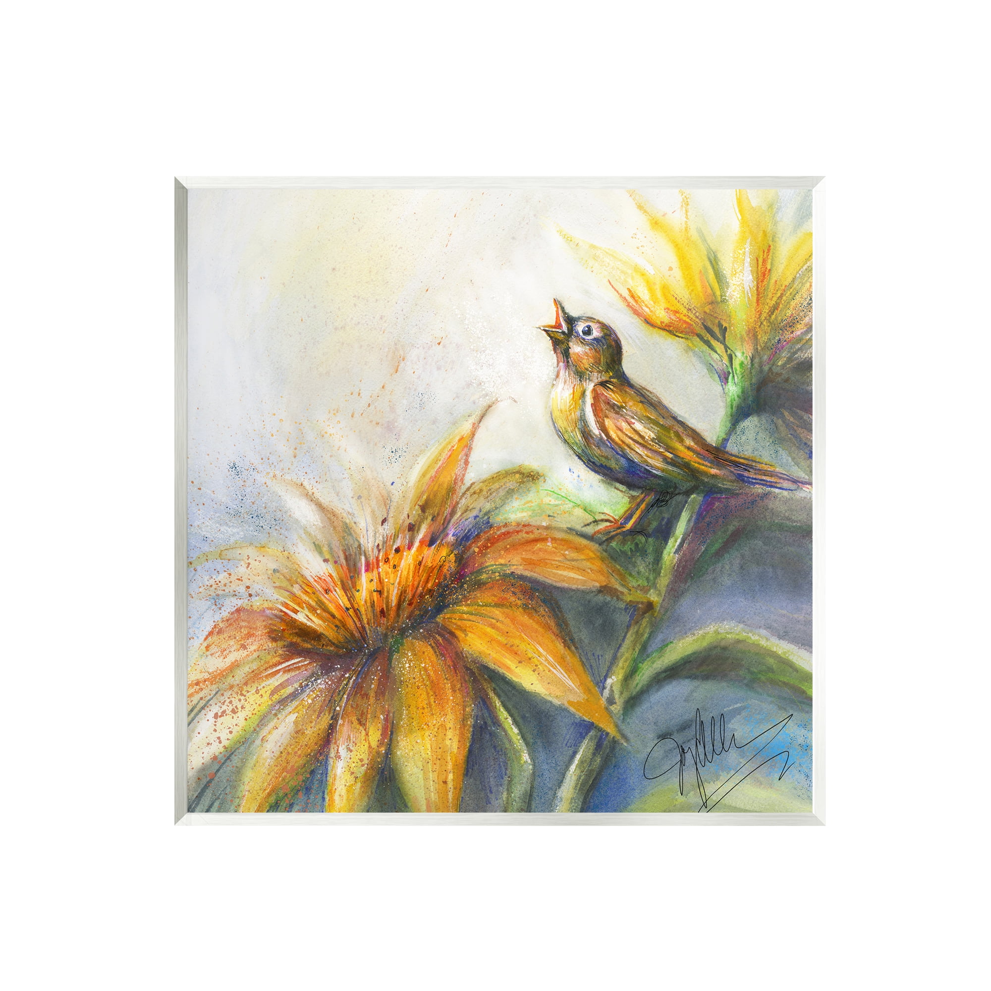 Stupell Industries Bird Singing Yellow Flowers Botanical & Floral Painting Unframed Art Print Wall Art, 12 x 12