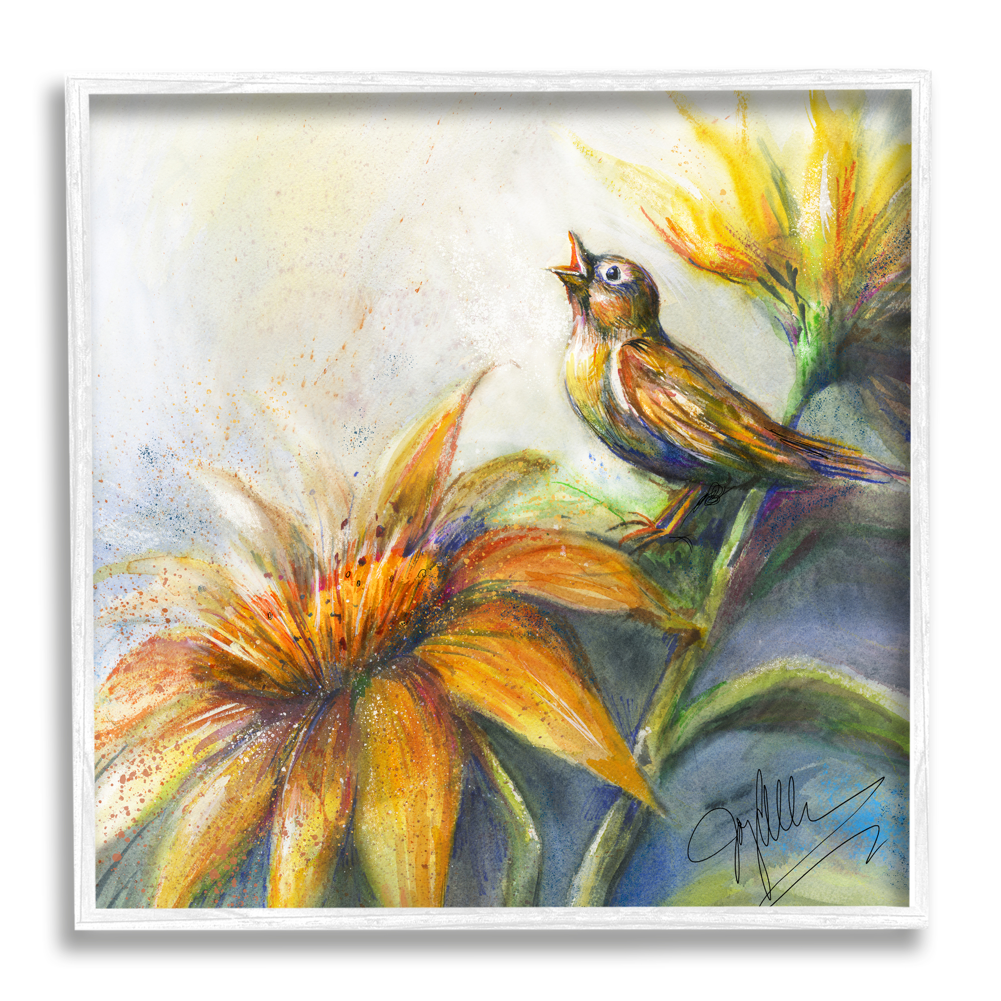 Stupell Industries Bird Singing Yellow Flowers Botanical & Floral Painting White Framed Art Print Wall Art, 12 x 12