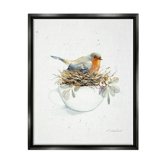 Stupell Industries Bird in Coffee Mug Nest Animals & Insects Painting Black Floater Framed Art Print Wall Art, 17 x 21