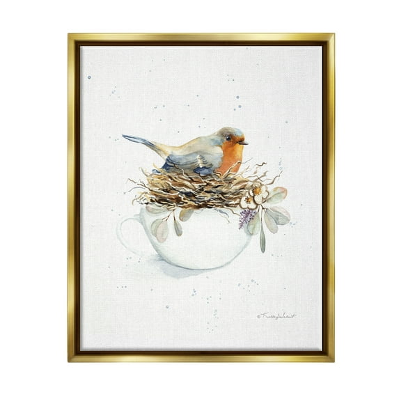 Stupell Industries Bird in Coffee Mug Nest Animals & Insects Painting Gold Floater Framed Art Print Wall Art, 25 x 31