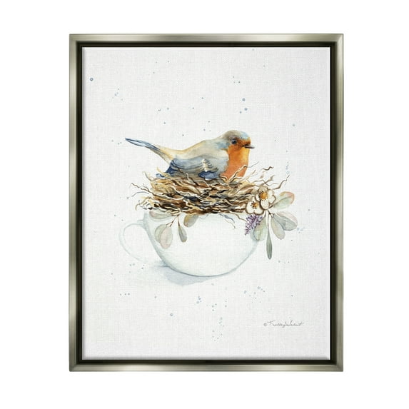 Stupell Industries Bird in Coffee Mug Nest Animals & Insects Painting Gray Floater Framed Art Print Wall Art, 25 x 31