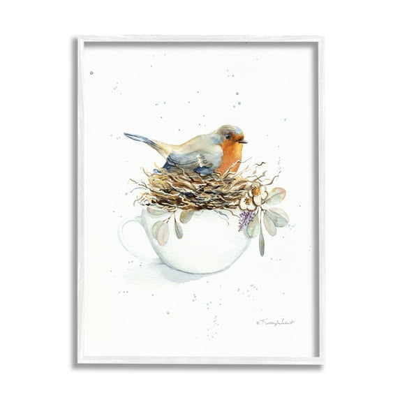 Stupell Industries Bird in Coffee Mug Nest Animals & Insects Painting White Framed Art Print Wall Art, 16 x 20
