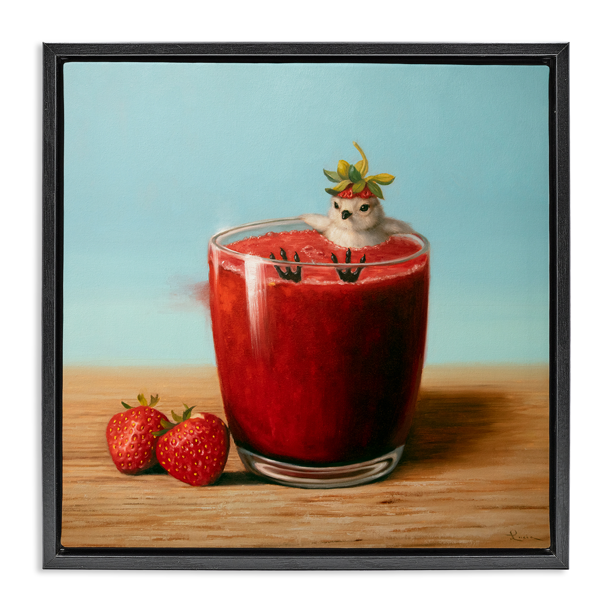 Stupell Industries Bird in Strawberry Drink Food & Beverage Painting Black Floater Framed Canvas Art Print Wall Art, 25 x 25