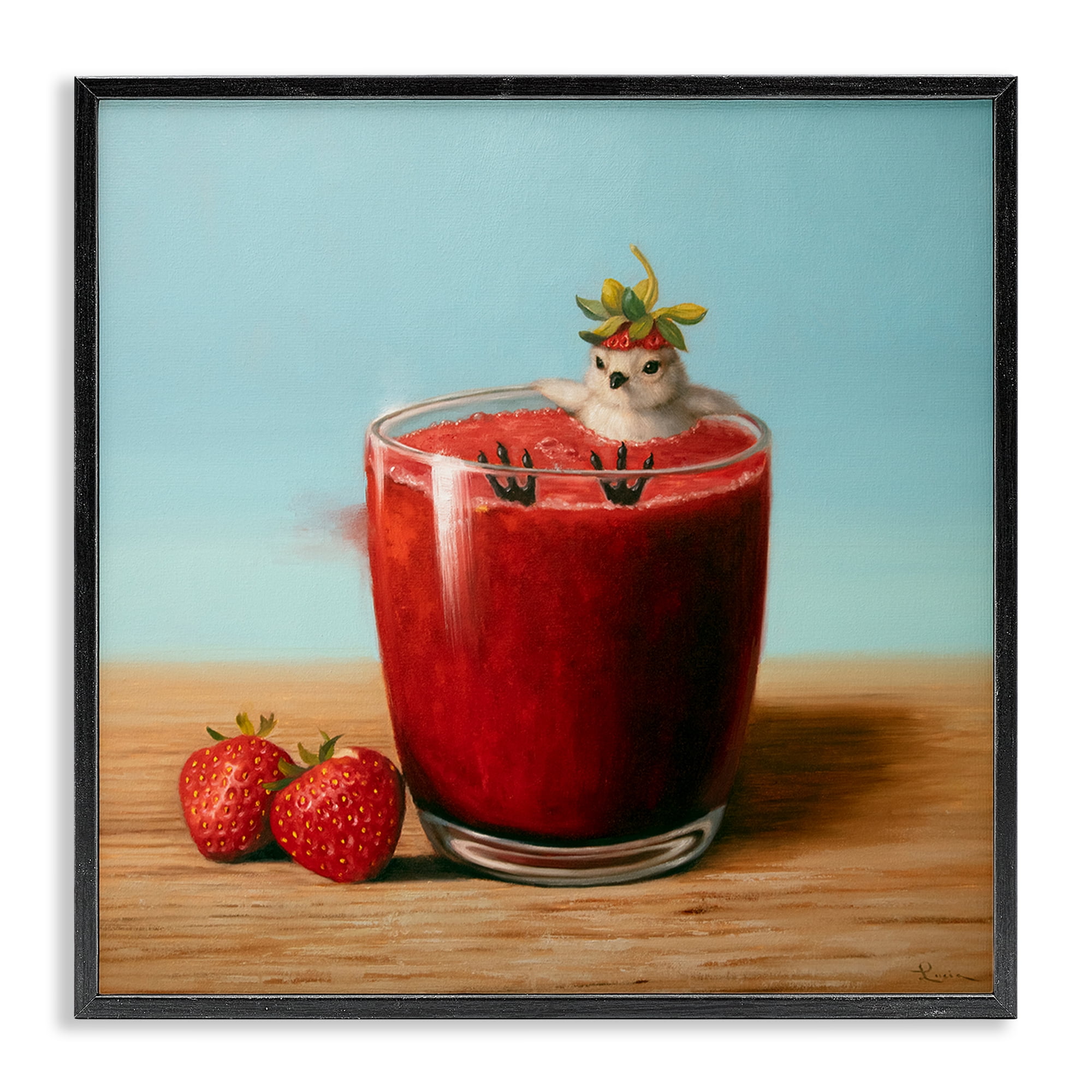 Stupell Industries Bird in Strawberry Drink Food & Beverage Painting Black Framed Art Print Wall Art, 12 x 12