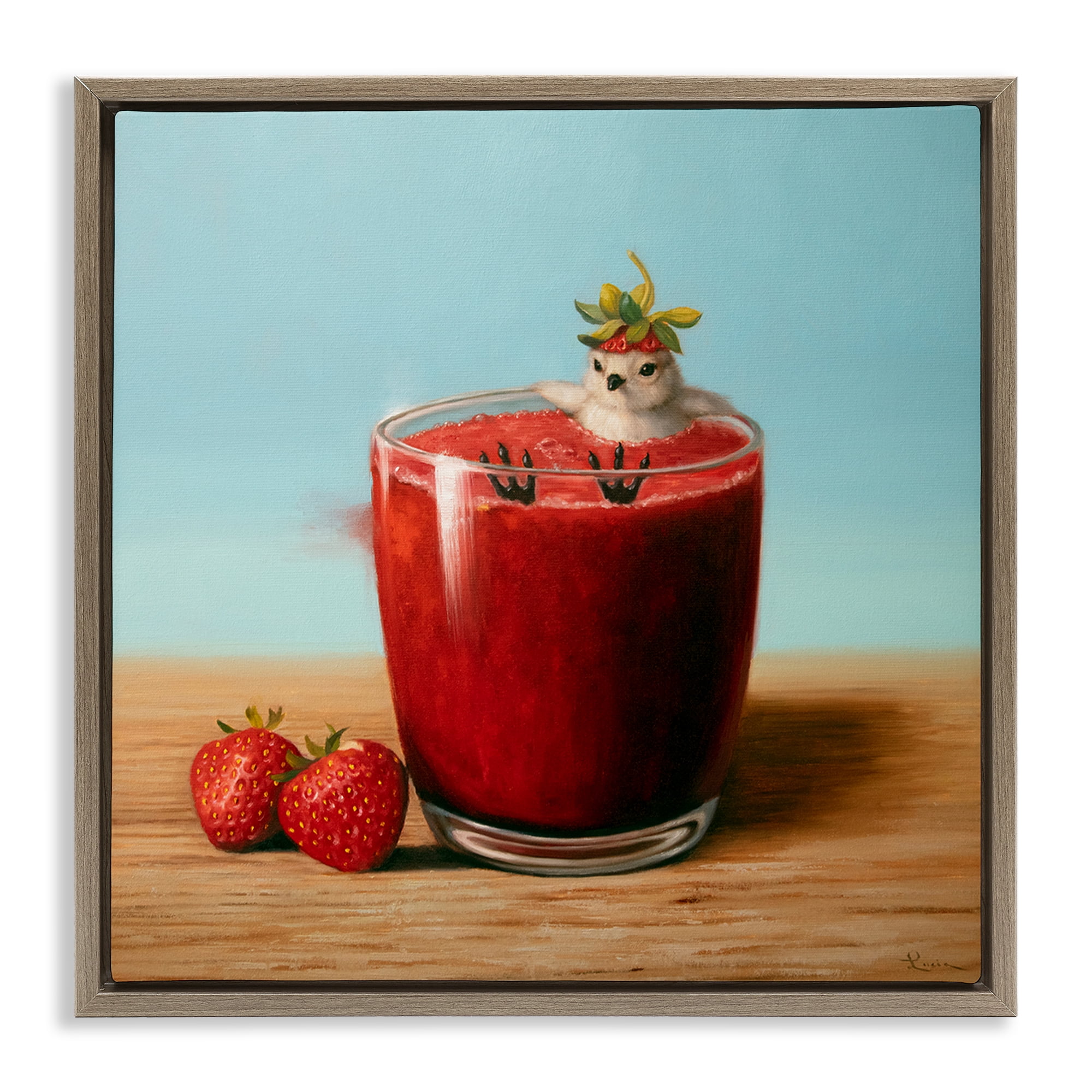 Stupell Industries Bird in Strawberry Drink Food & Beverage Painting Brown Floater Framed Canvas Art Print Wall Art, 18 x 18