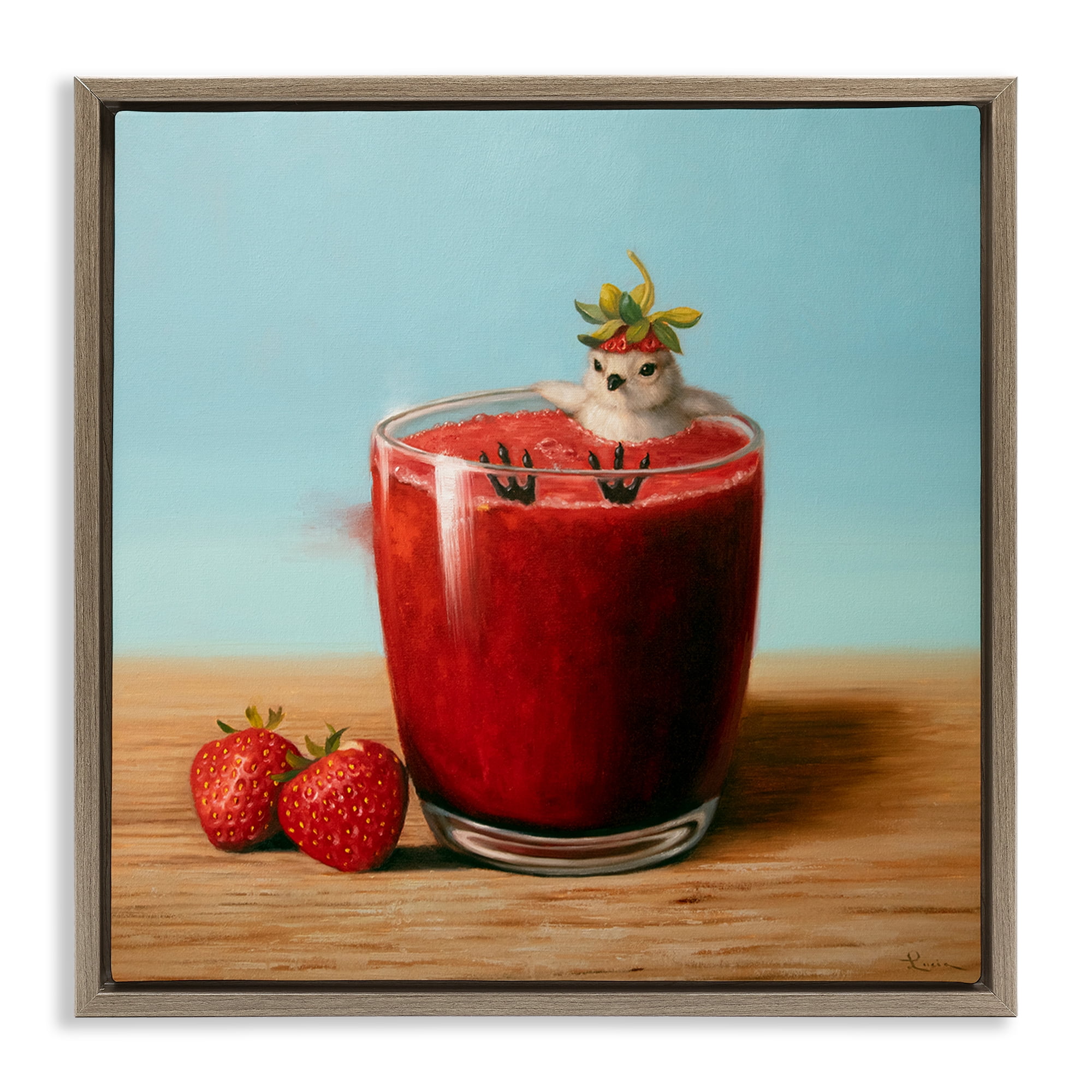 Stupell Industries Bird in Strawberry Drink Food & Beverage Painting Brown Floater Framed Canvas Art Print Wall Art, 25 x 25
