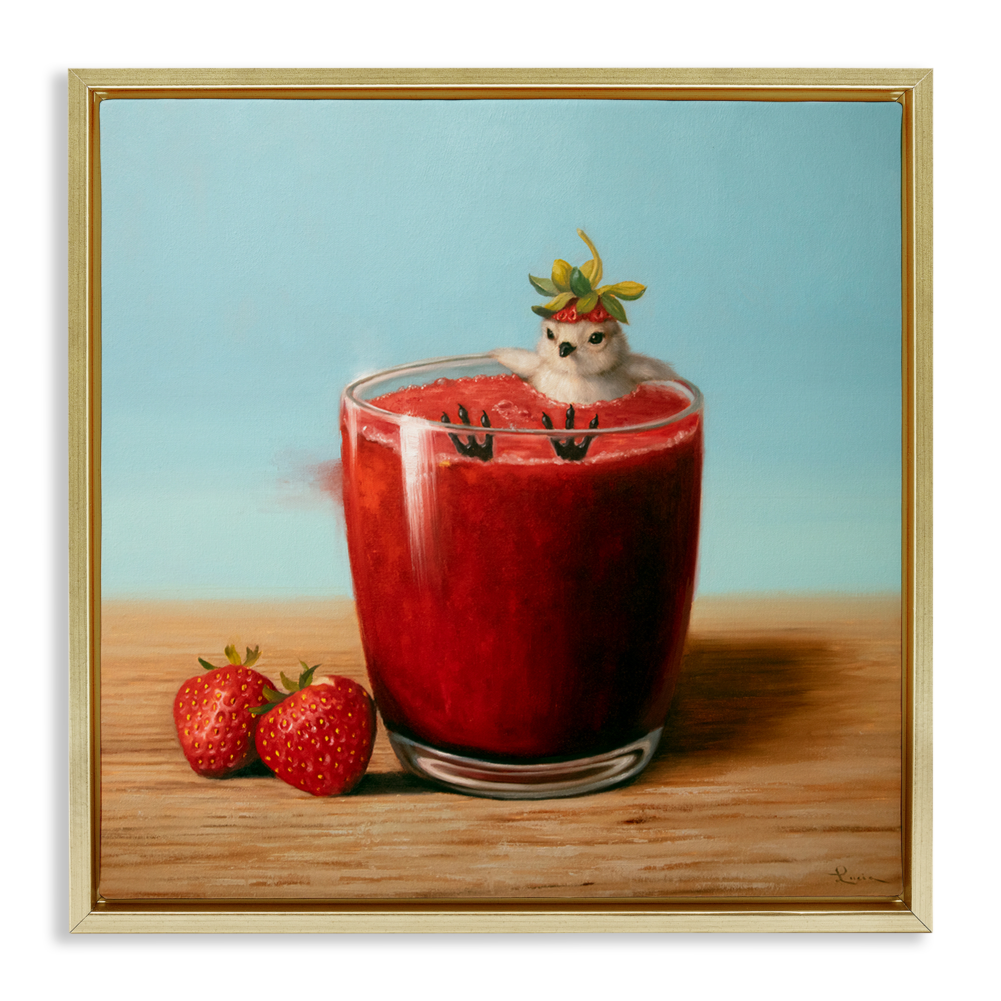 Stupell Industries Bird in Strawberry Drink Food & Beverage Painting Gold Floater Framed Canvas Art Print Wall Art, 18 x 18