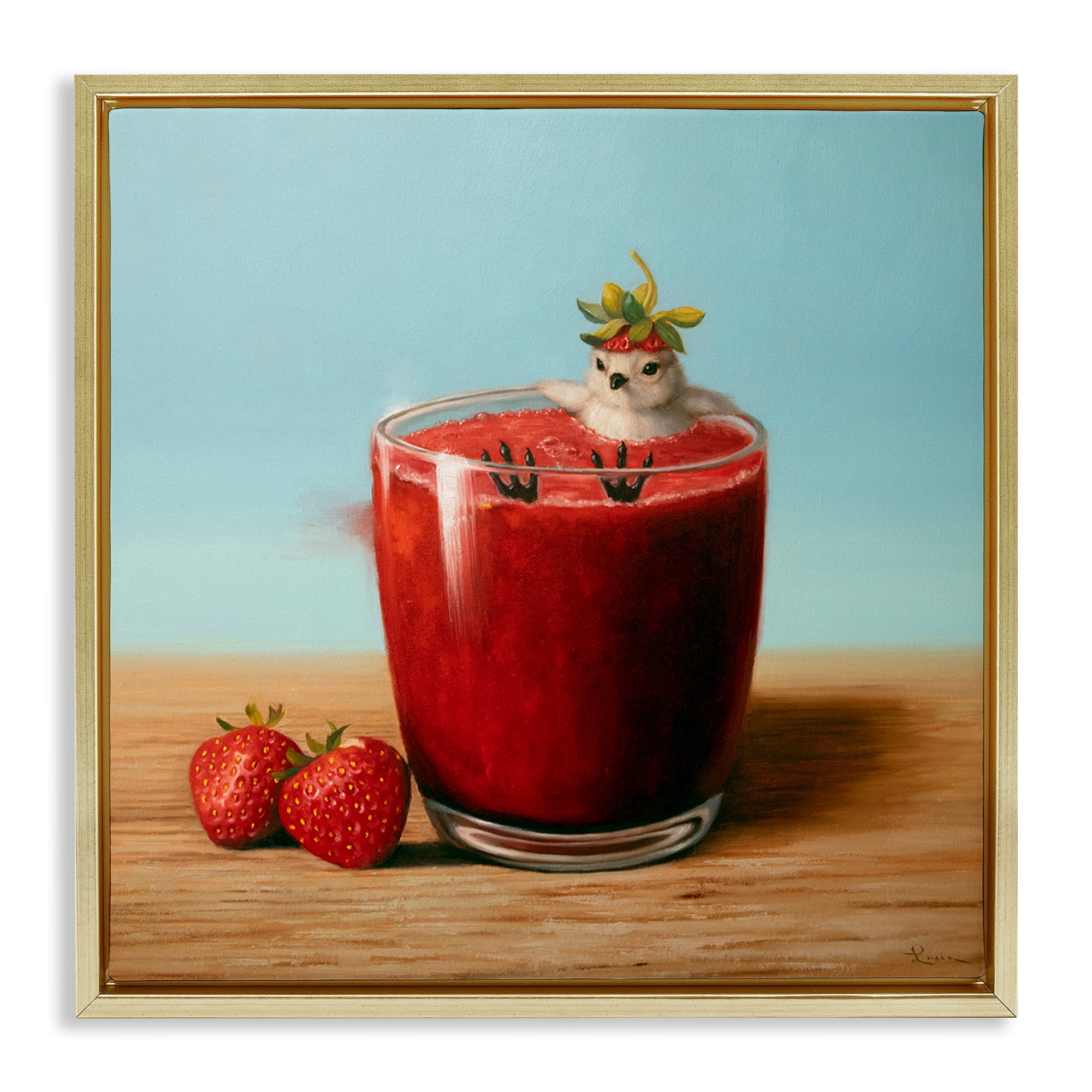 Stupell Industries Bird in Strawberry Drink Food & Beverage Painting Gold Floater Framed Canvas Art Print Wall Art, 25 x 25