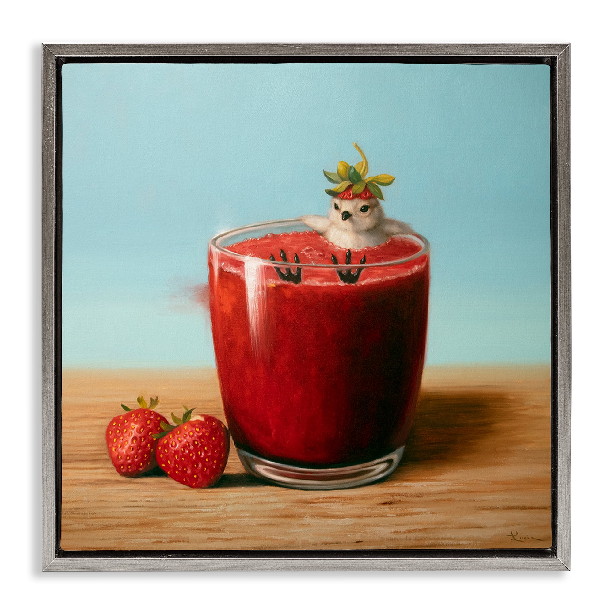 Stupell Industries Bird in Strawberry Drink Food & Beverage Painting Gray Floater Framed Canvas Art Print Wall Art, 18 x 18