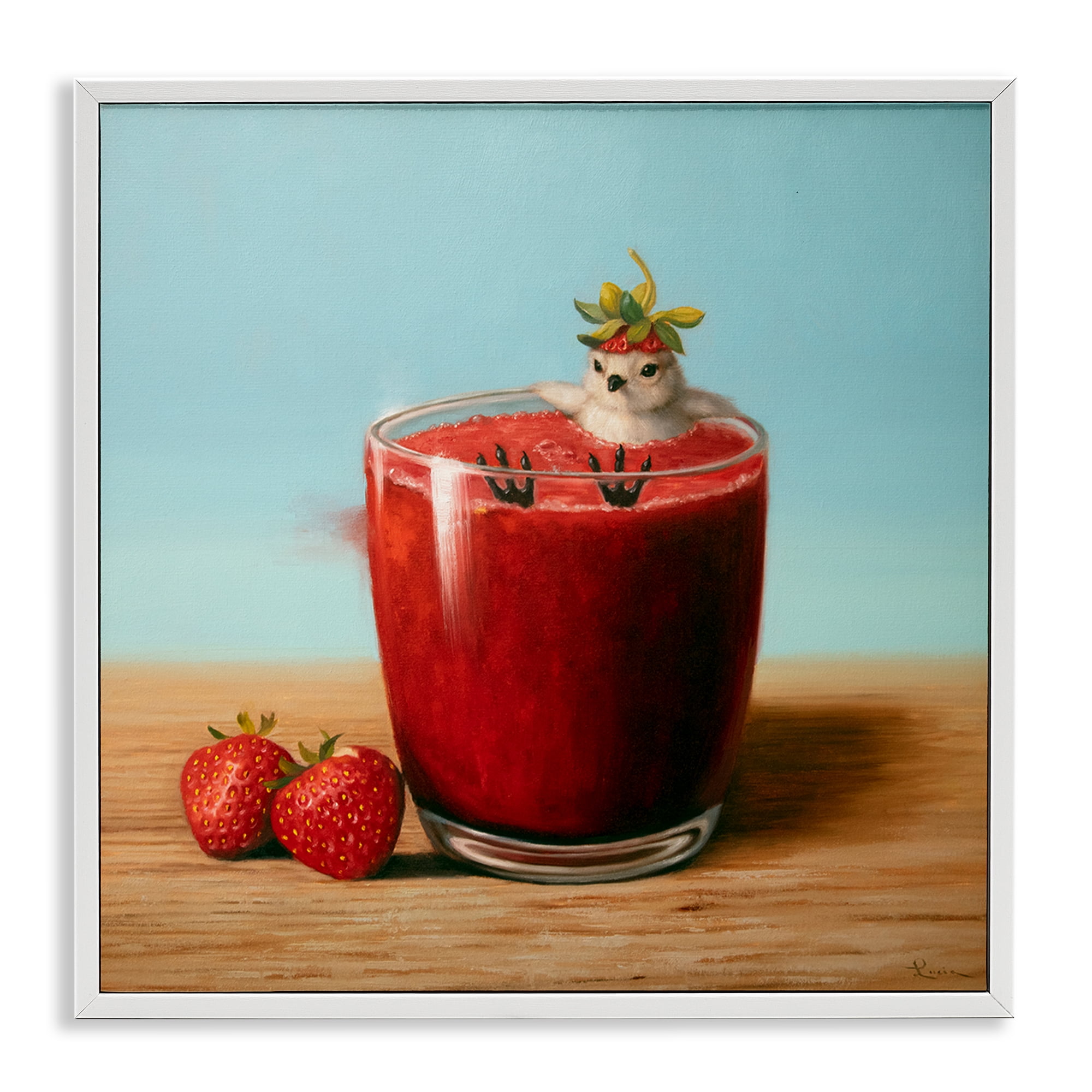 Stupell Industries Bird in Strawberry Drink Food & Beverage Painting White Framed Art Print Wall Art, 24 x 24