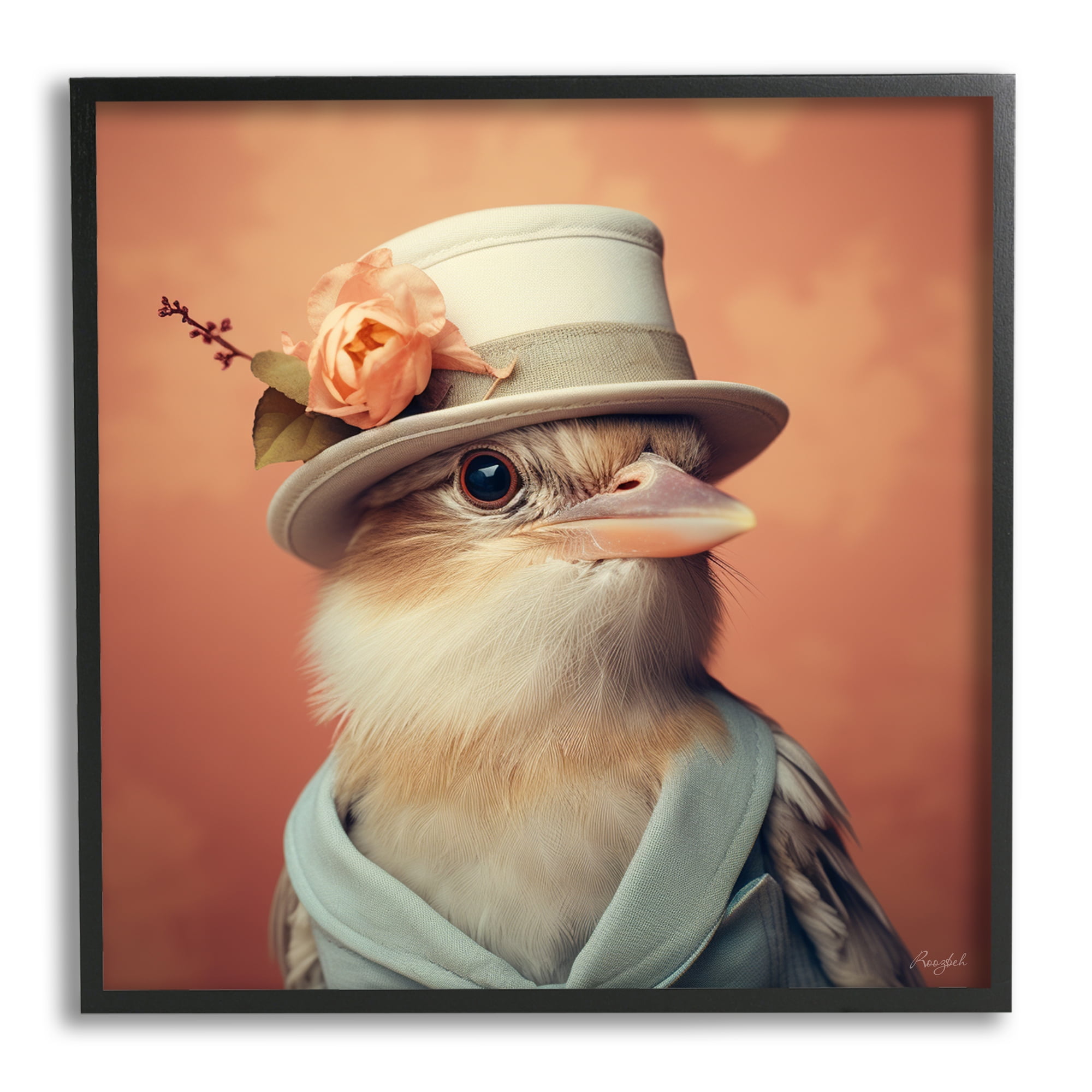 Stupell Industries Bird in Vintage Hat Animals & Insects Painting Black Framed Art Print Wall Art, 12 x 12