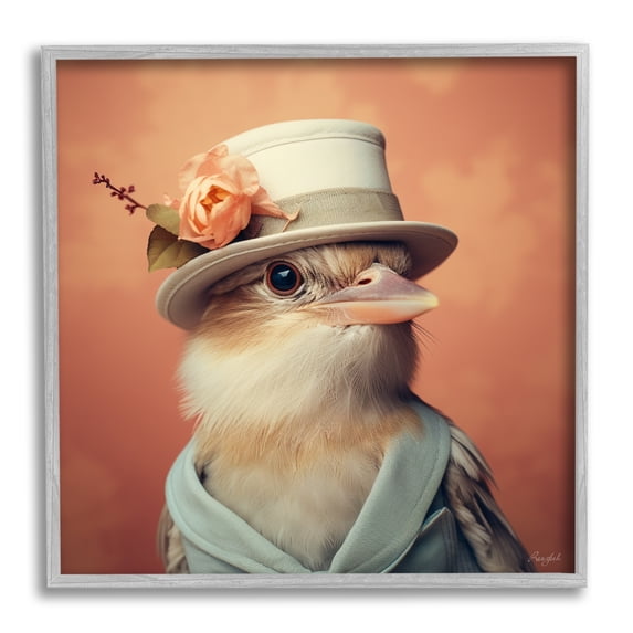 Stupell Industries Bird in Vintage Hat Animals & Insects Painting Gray Framed Art Print Wall Art, 17 x 17
