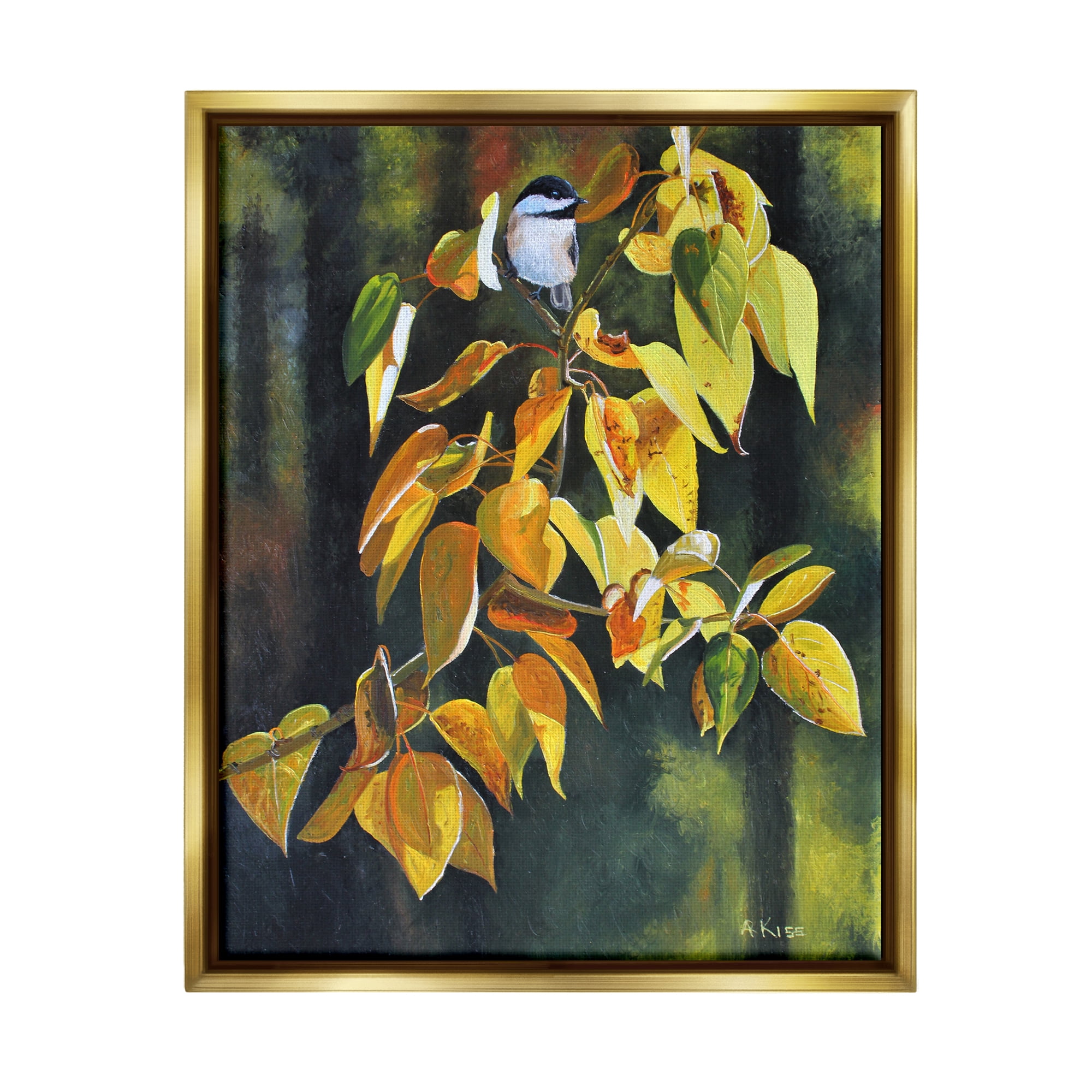 Stupell Industries Bird on Autumn Branch Botanical & Floral Painting Gold Floater Framed Art Print Wall Art, 25 x 31