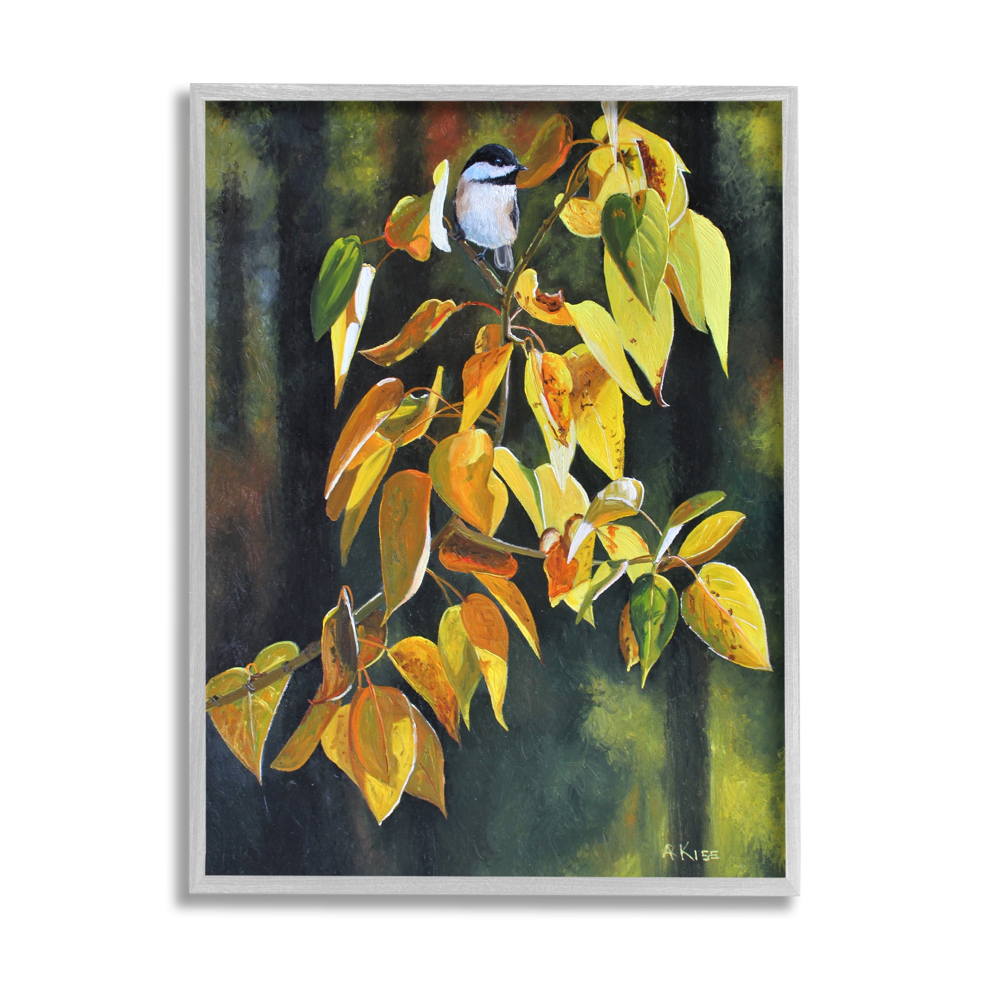 Stupell Industries Bird on Autumn Branch Botanical & Floral Painting Gray Framed Art Print Wall Art, 16 x 20