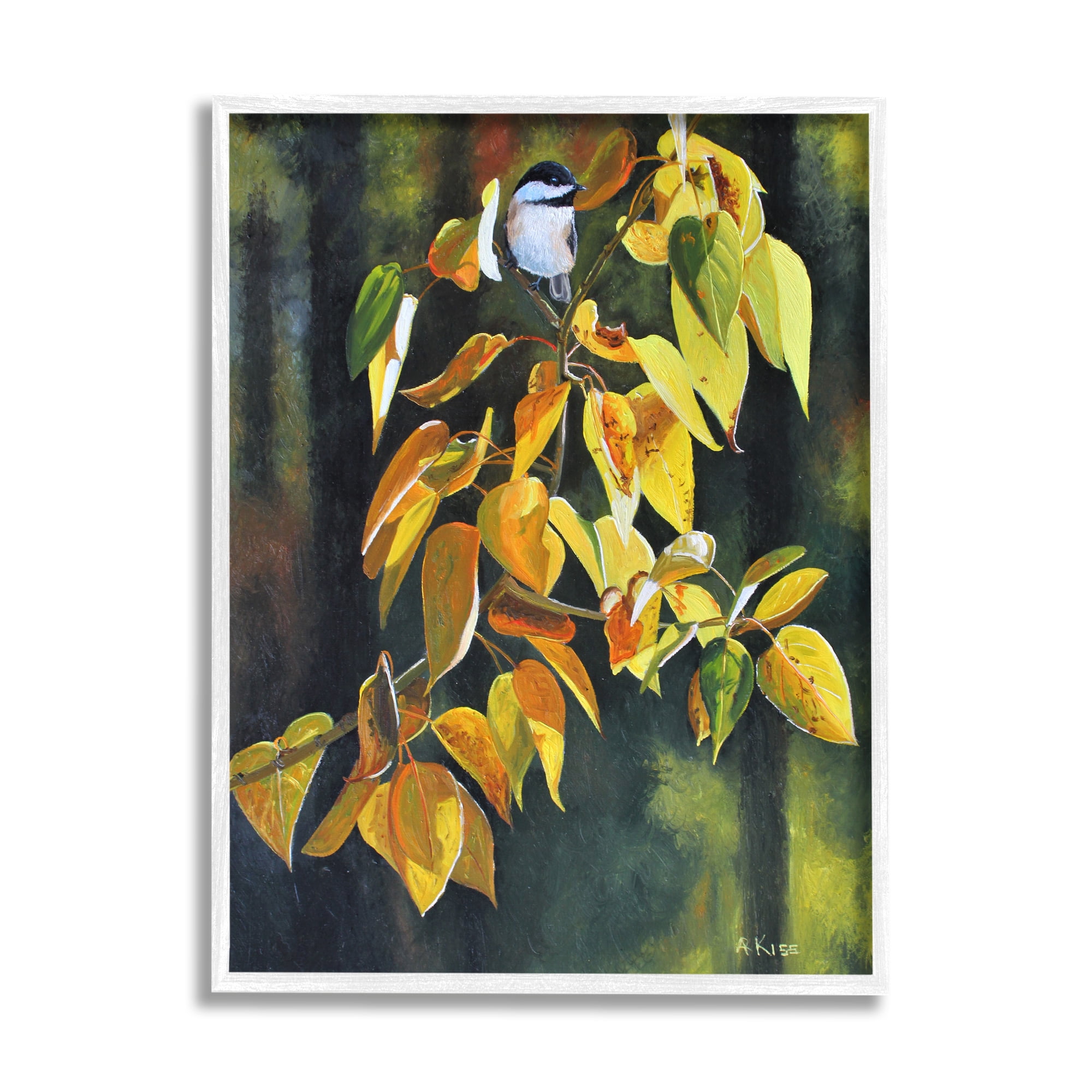 Stupell Industries Bird on Autumn Branch Botanical & Floral Painting White Framed Art Print Wall Art, 16 x 20