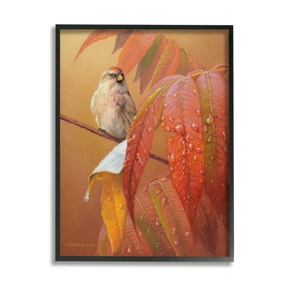 Stupell Industries Bird on Autumnal Branch Animals & Insects Painting Black Framed Art Print Wall Art, 11 x 14