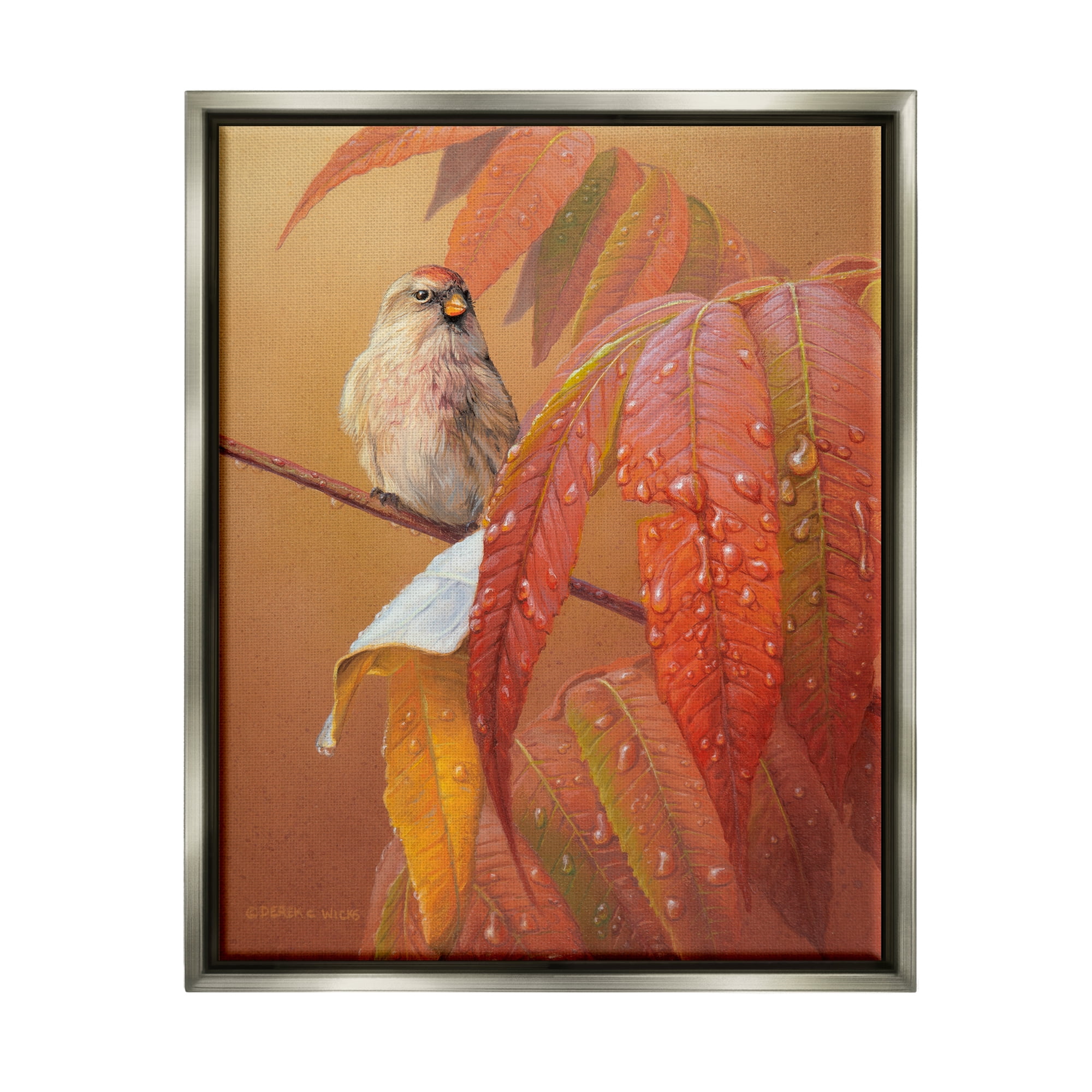Stupell Industries Bird on Autumnal Branch Animals & Insects Painting Gray Floater Framed Canvas Art Print Wall Art, 17 x 21