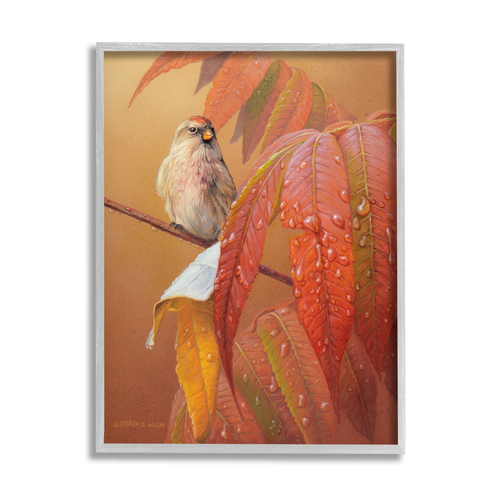 Stupell Industries Bird on Autumnal Branch Animals & Insects Painting Gray Framed Art Print Wall Art, 16 x 20