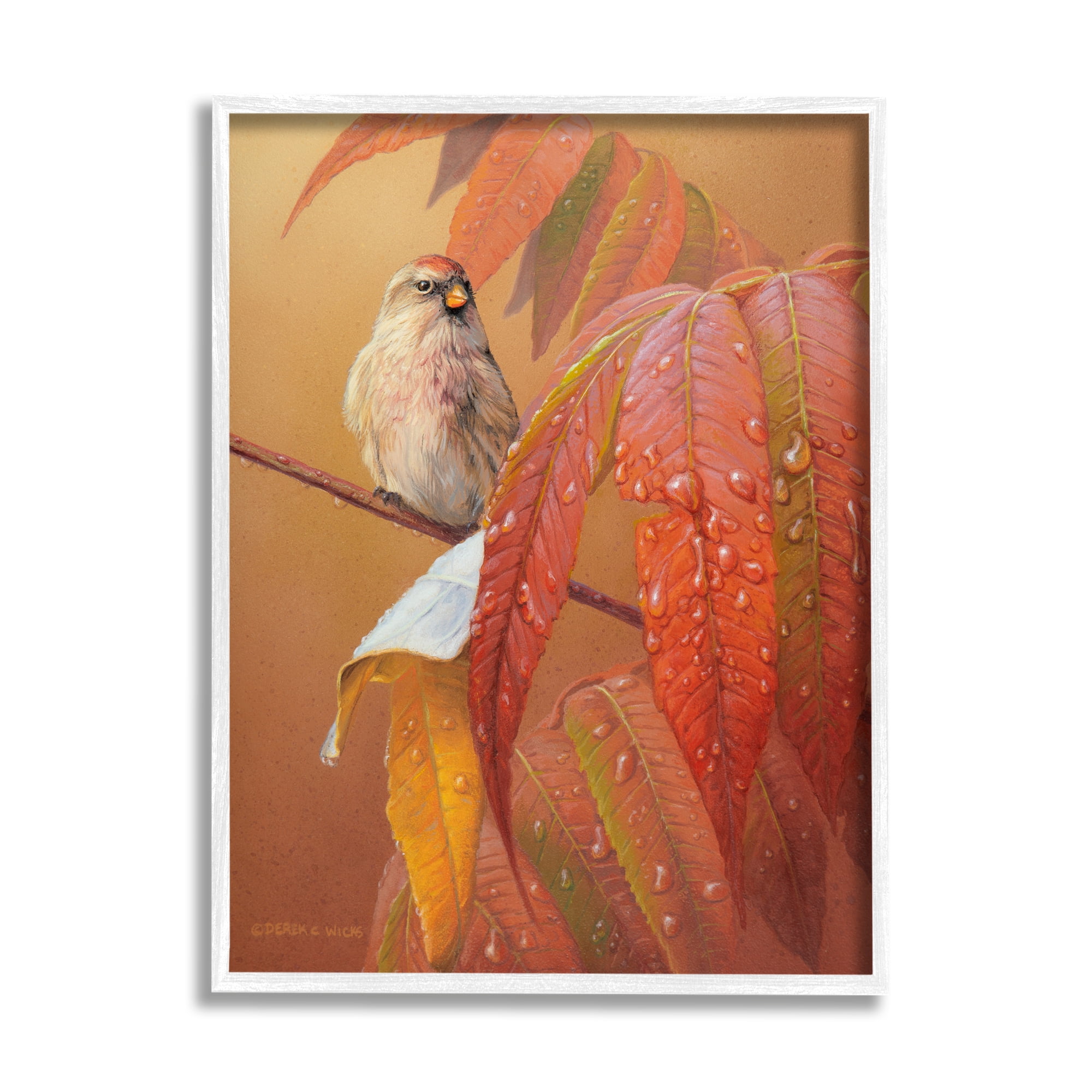 Stupell Industries Bird on Autumnal Branch Animals & Insects Painting White Framed Art Print Wall Art, 24 x 30