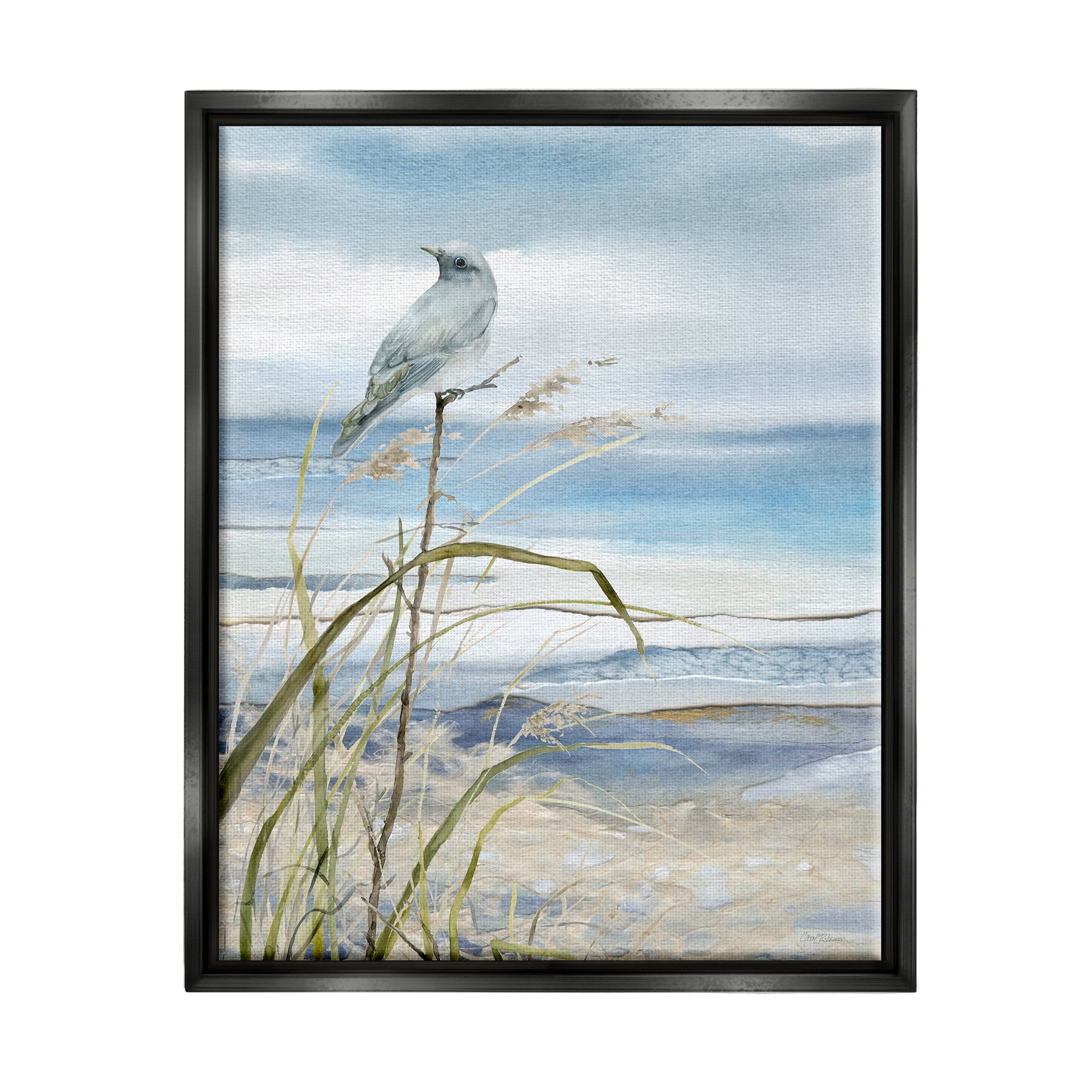Stupell Industries Bird on Beach Shore Animals & Insects Painting Black Floater Framed Canvas Art Print Wall Art, 17 x 21