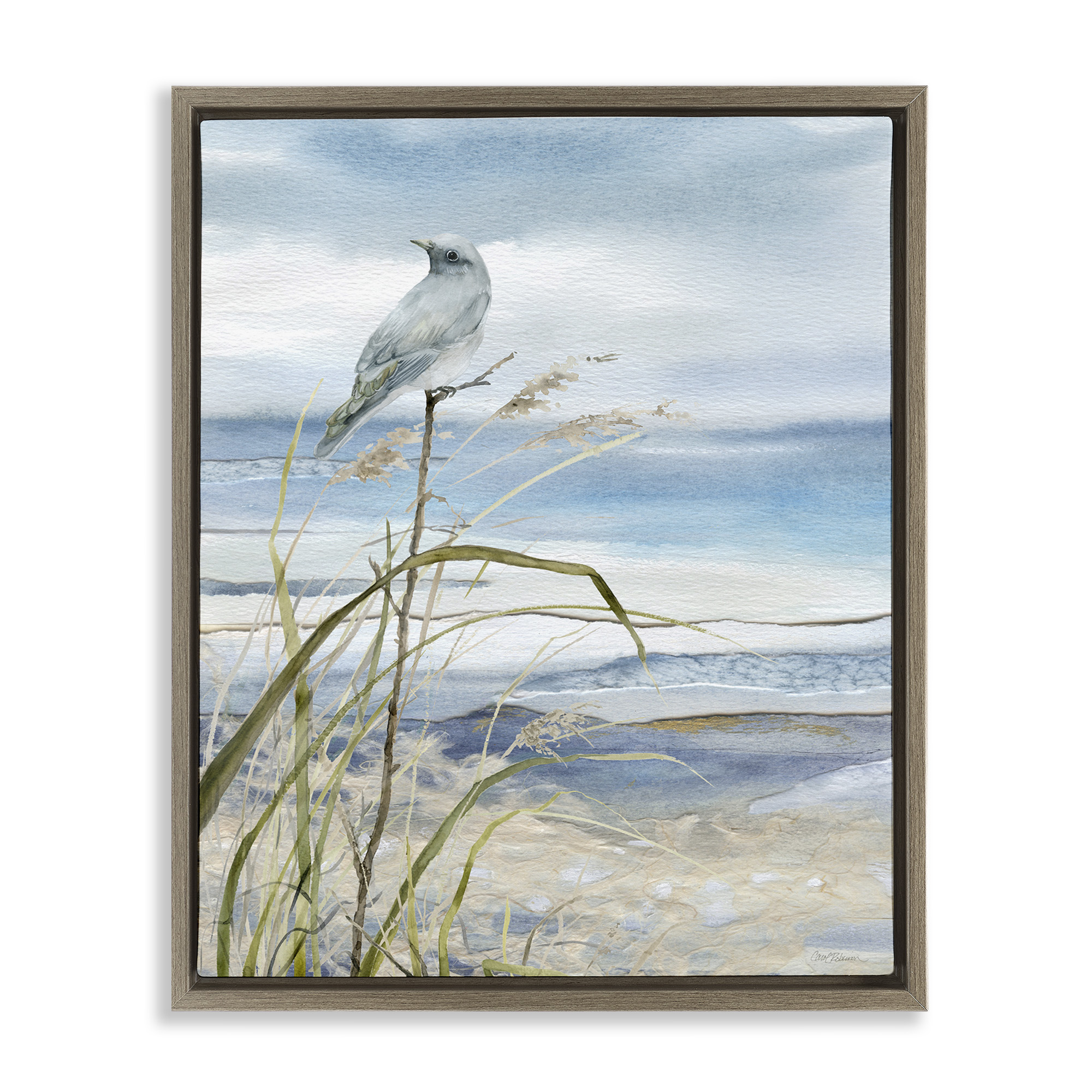 Stupell Industries Bird on Beach Shore Animals & Insects Painting Brown Floater Framed Canvas Art Print Wall Art, 17 x 21