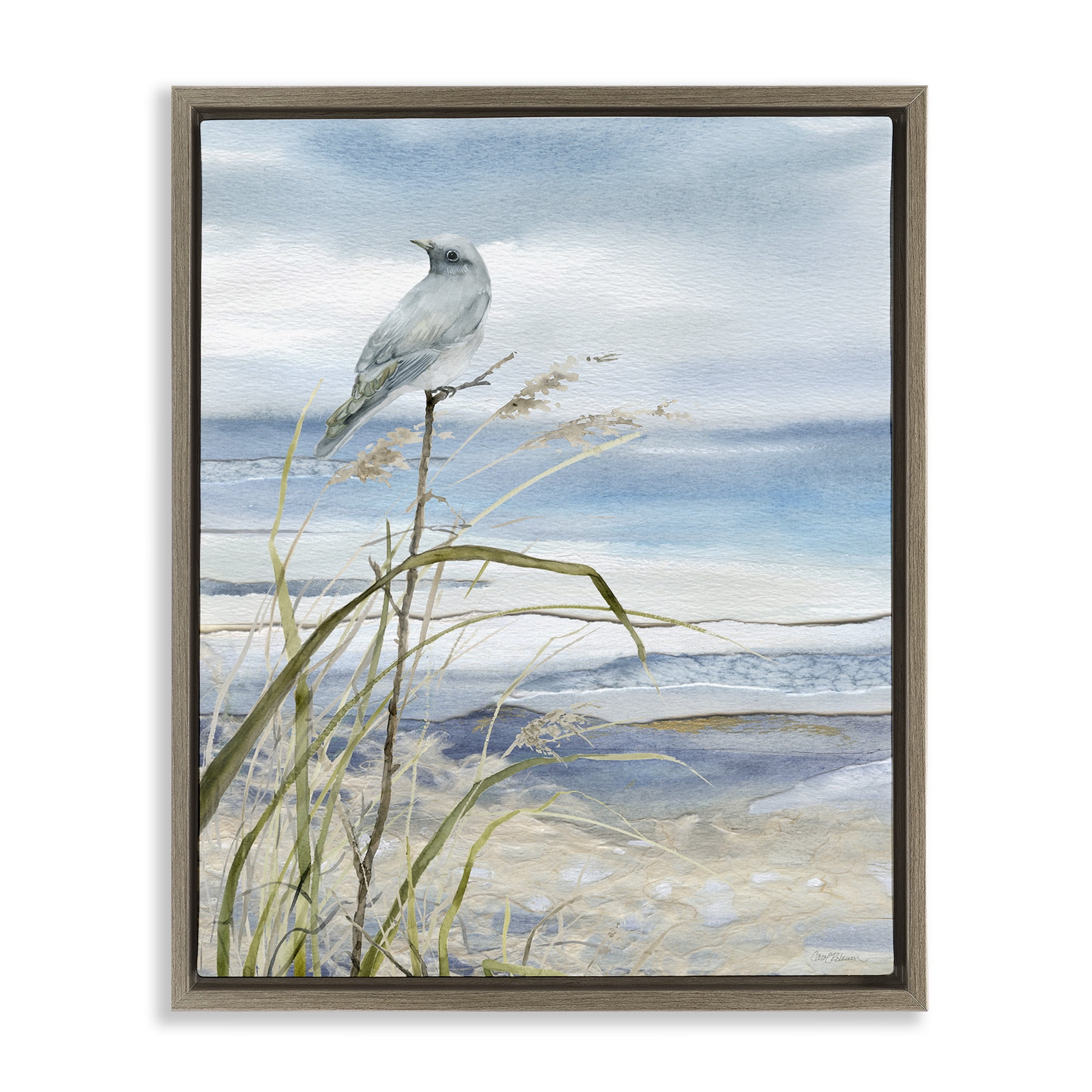 Stupell Industries Bird on Beach Shore Animals & Insects Painting Brown Floater Framed Canvas Art Print Wall Art, 25 x 31
