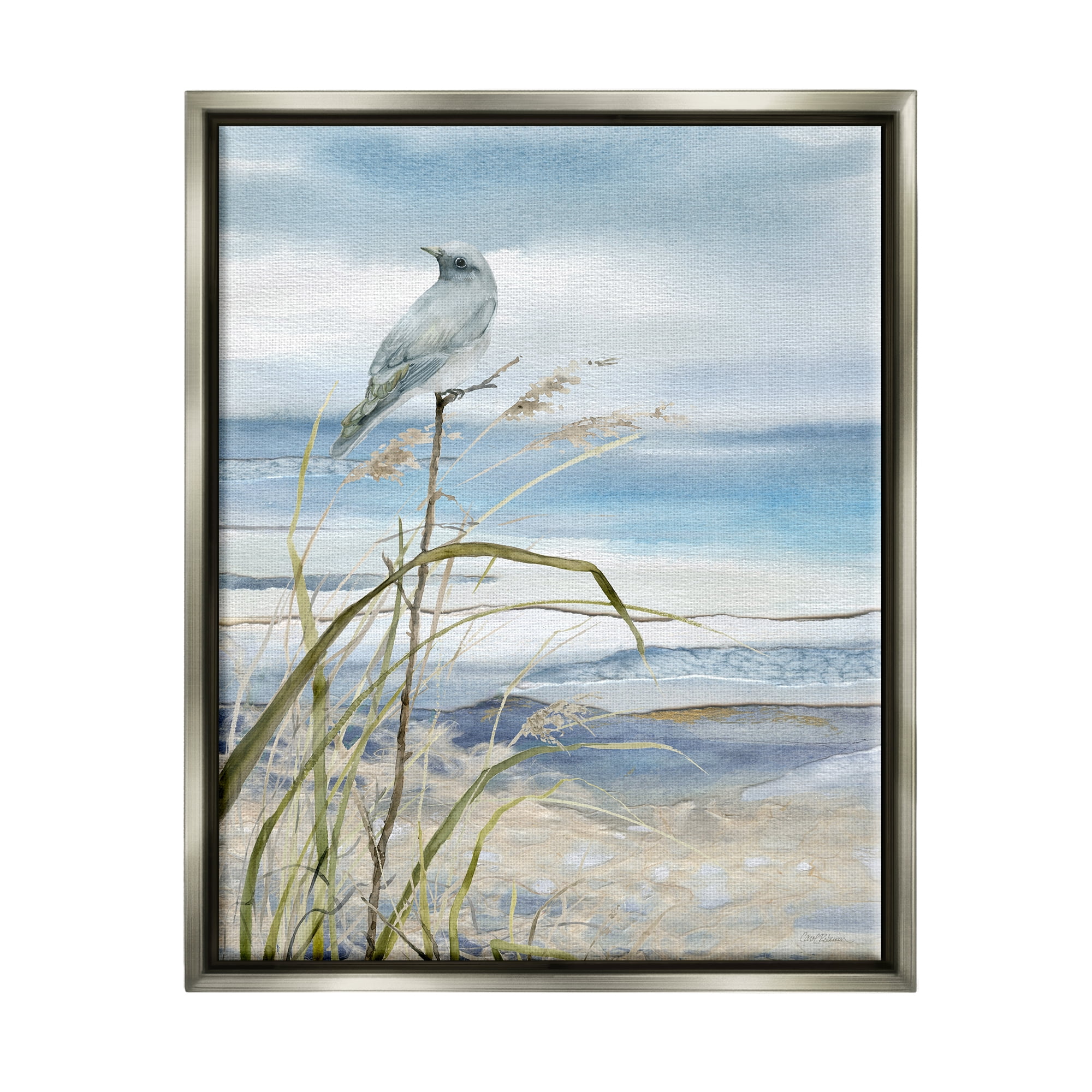 Stupell Industries Bird on Beach Shore Animals & Insects Painting Gray Floater Framed Canvas Art Print Wall Art, 17 x 21