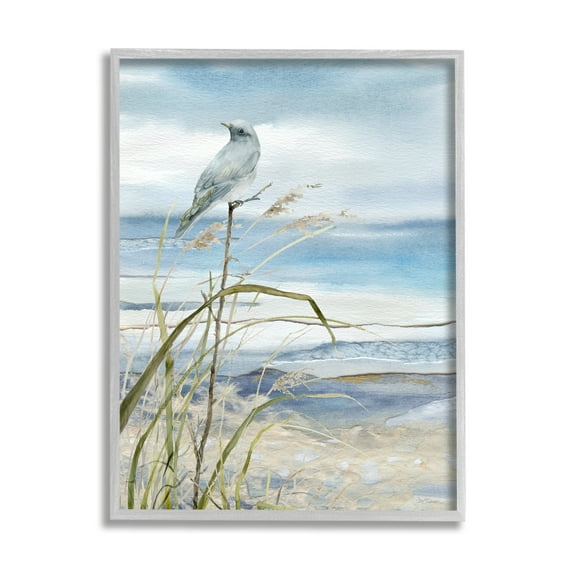 Stupell Industries Bird on Beach Shore Animals & Insects Painting Gray Framed Art Print Wall Art, 24 x 30