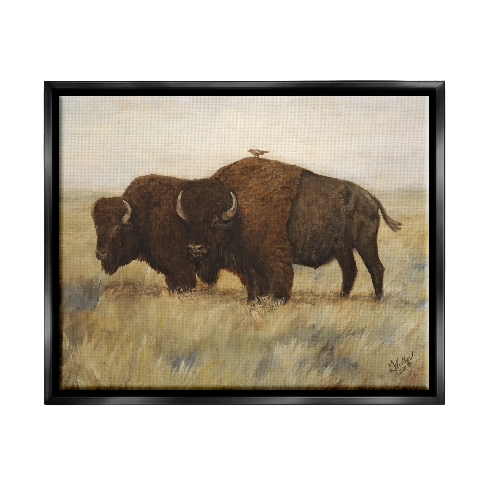Stupell Industries Bird on Bison Rural Scene Animals & Insects Painting Black Floater Framed Art Print Wall Art