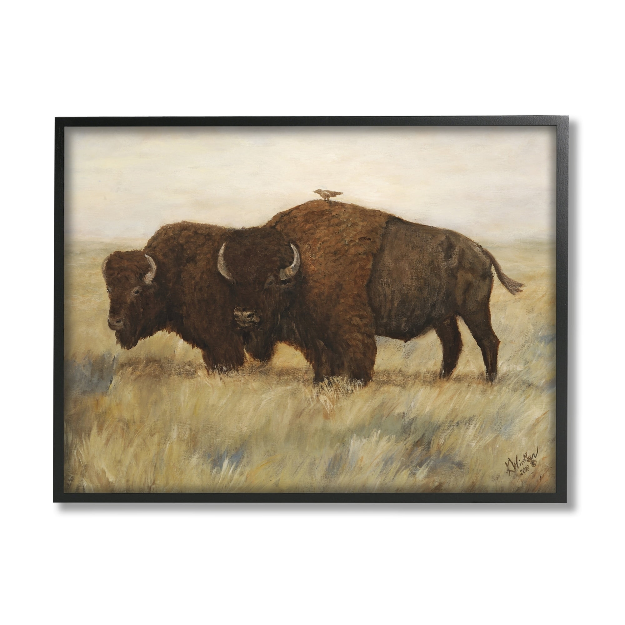 Stupell Industries Bird on Bison Rural Scene Animals & Insects Painting Black Framed Art Print Wall Art
