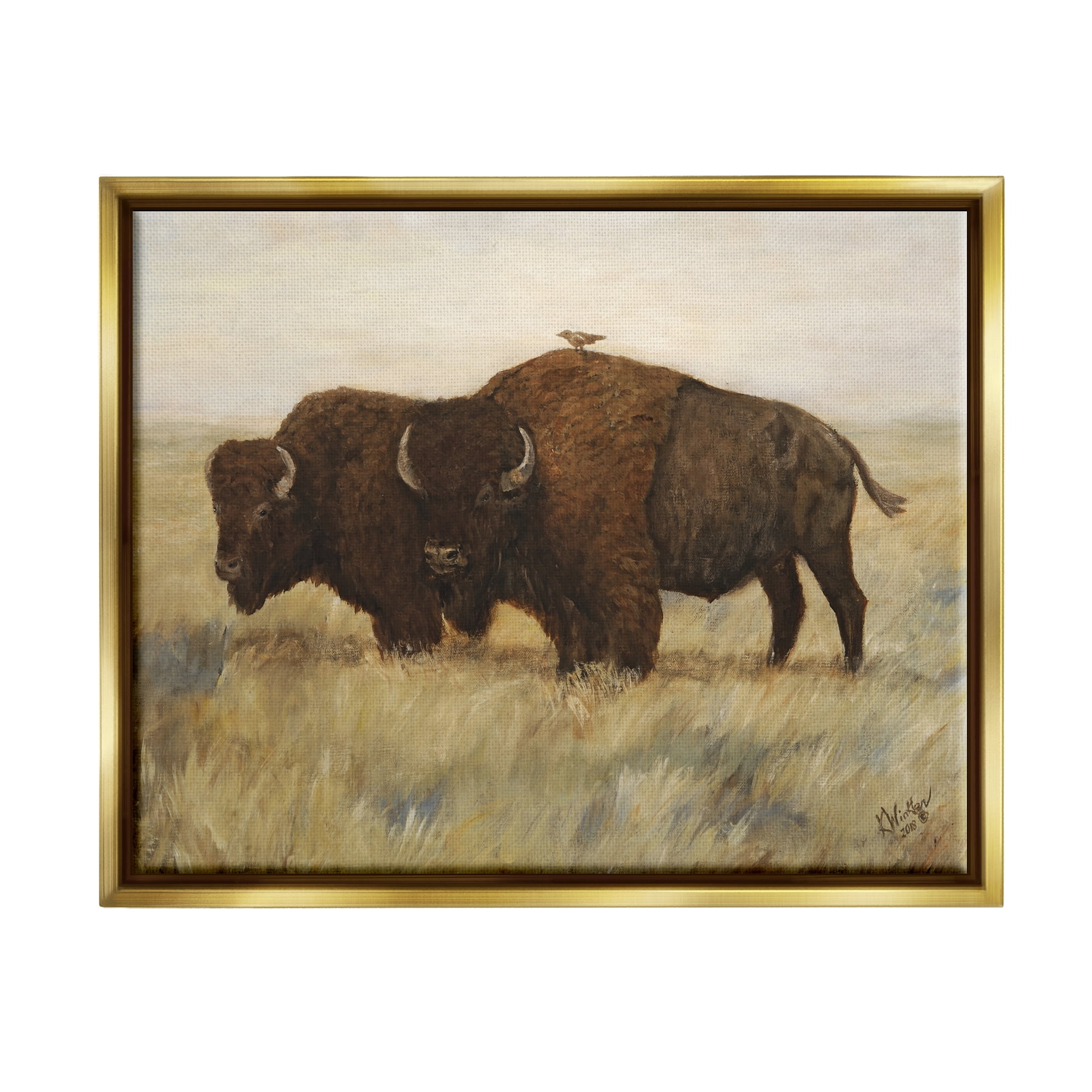 Stupell Industries Bird on Bison Rural Scene Animals & Insects Painting Gold Floater Framed Art Print Wall Art